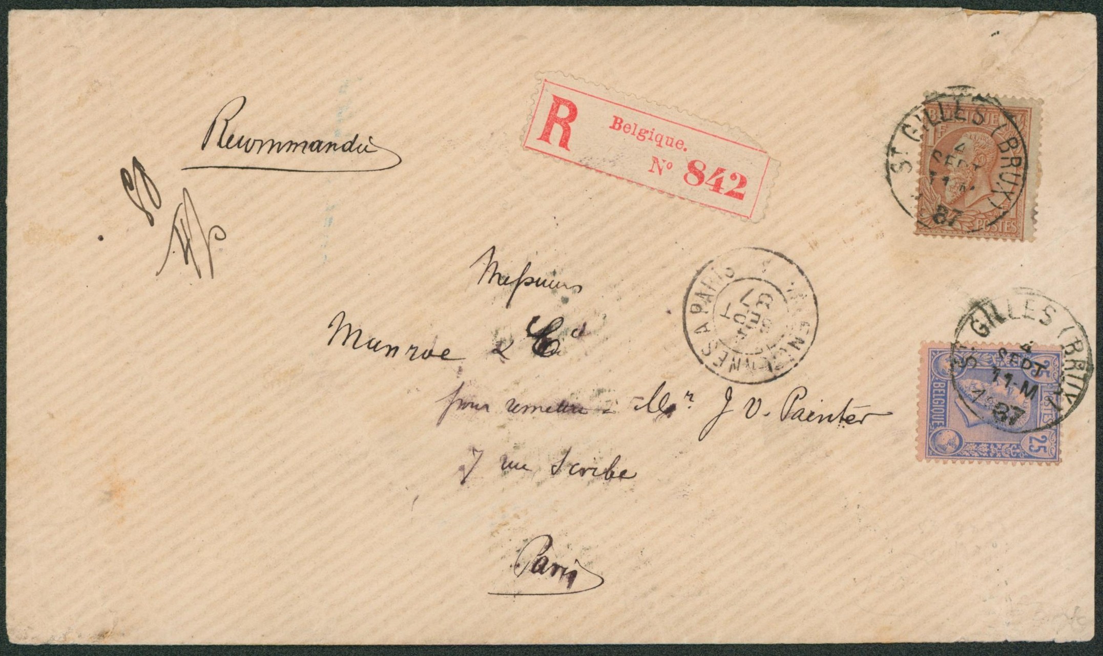 n°48 et 51 sur lettre en recommandé de St-Gilles (Brux.) çàd quadruple port > Paris. TB et rare !
