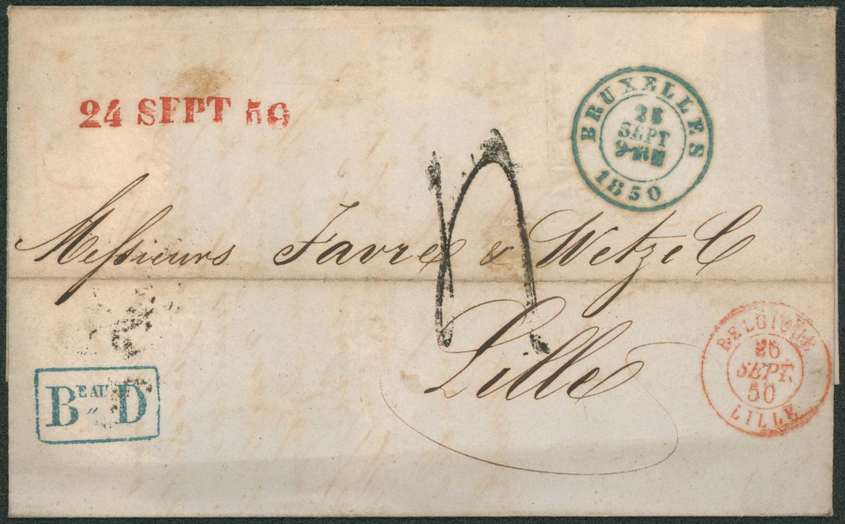 LAC non affranchie cachet dateur Bruxelles (25/09/50) + bureau secondaire de Bruxelles Beau D, port 4 décimes > Lille. TB