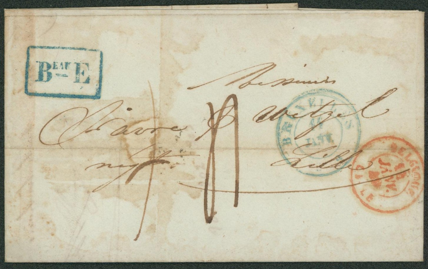 LAC cachet dateur Bruxelles (14/01/49) + bureau secondaire de Bruxelles Beau E, port rectifié > Lille.