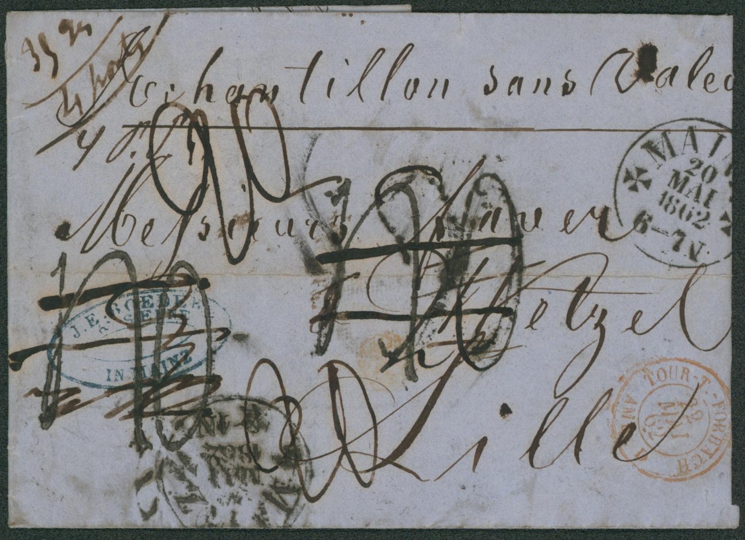 LSC non affranchie (échantillon sans valeur) expédié de Mainz, nombreux port rectifiés > Lille.