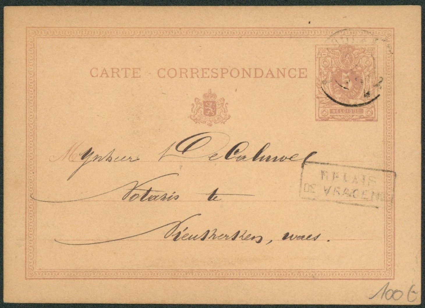 EP au type 5ctm mauve obl double cercle peu lisible + relais encadré VRACENE > Nieuwerken. TB et R