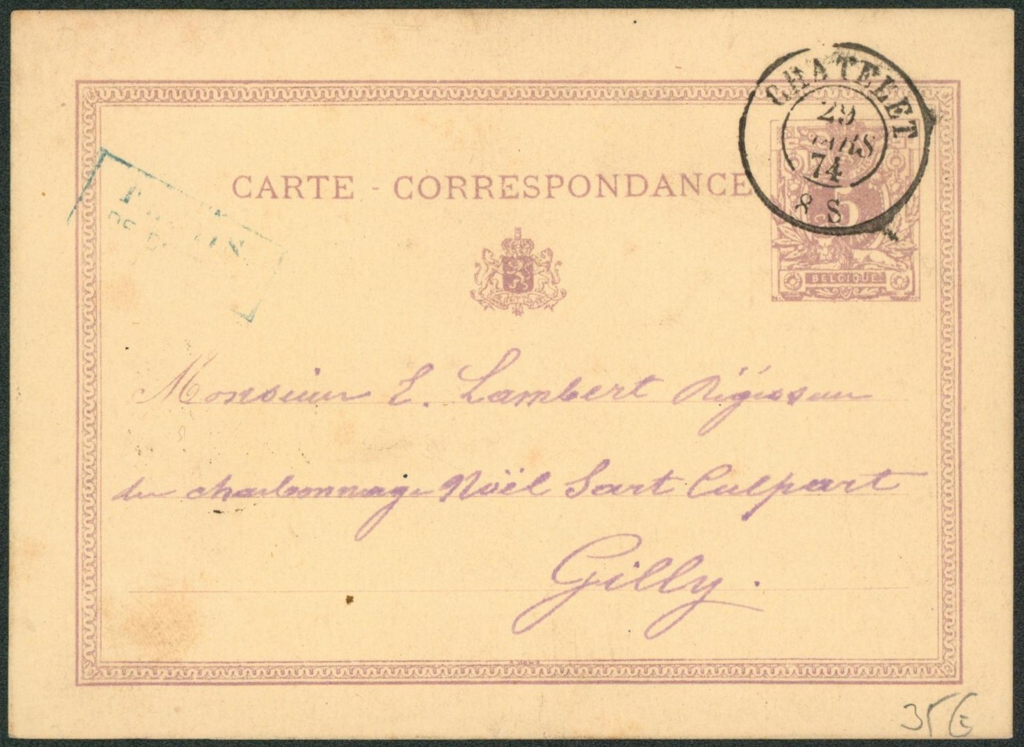 EP au type 5ctm mauve obl double cercle "chatelet" + relais encadré DOISCHE > Gilly  TB et R
