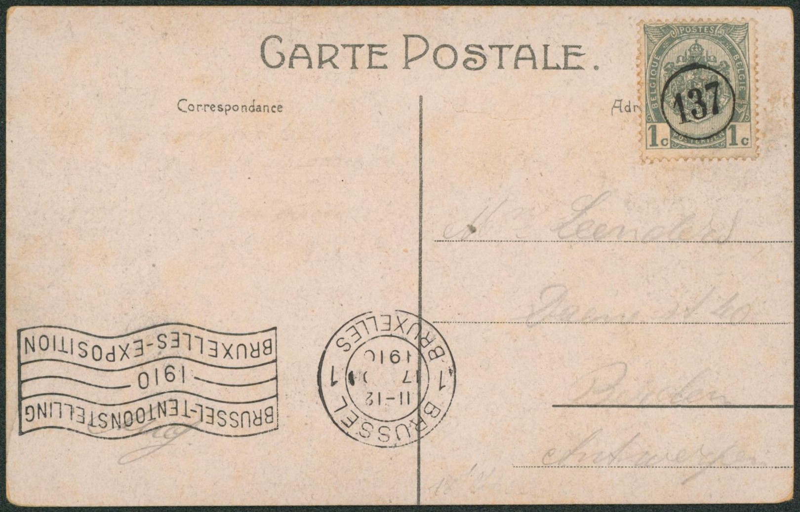 n°81 sur CP annulé par cachet de facteur rond via obl mécanique Bruxelles exposition 1910 > Antwerpen
