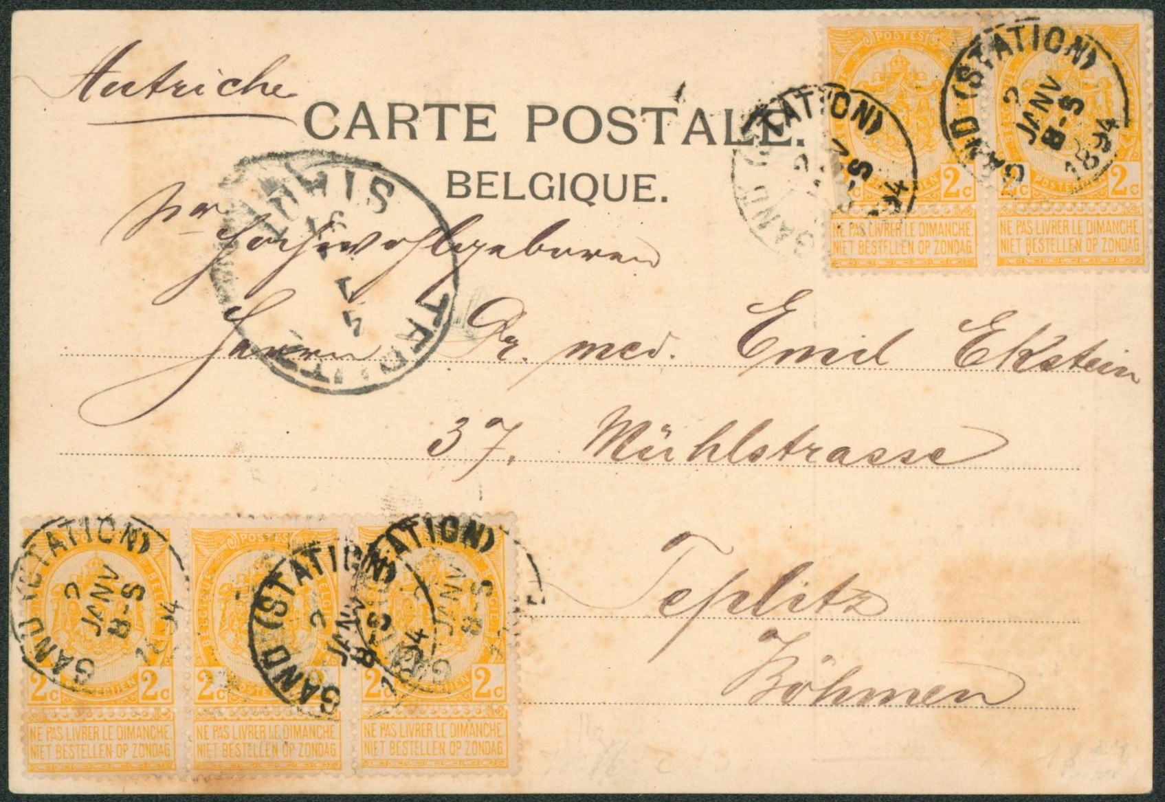 n°54 x4 sur CP imprimée expédiée de Gand (station) > Teplitz (Autriche)