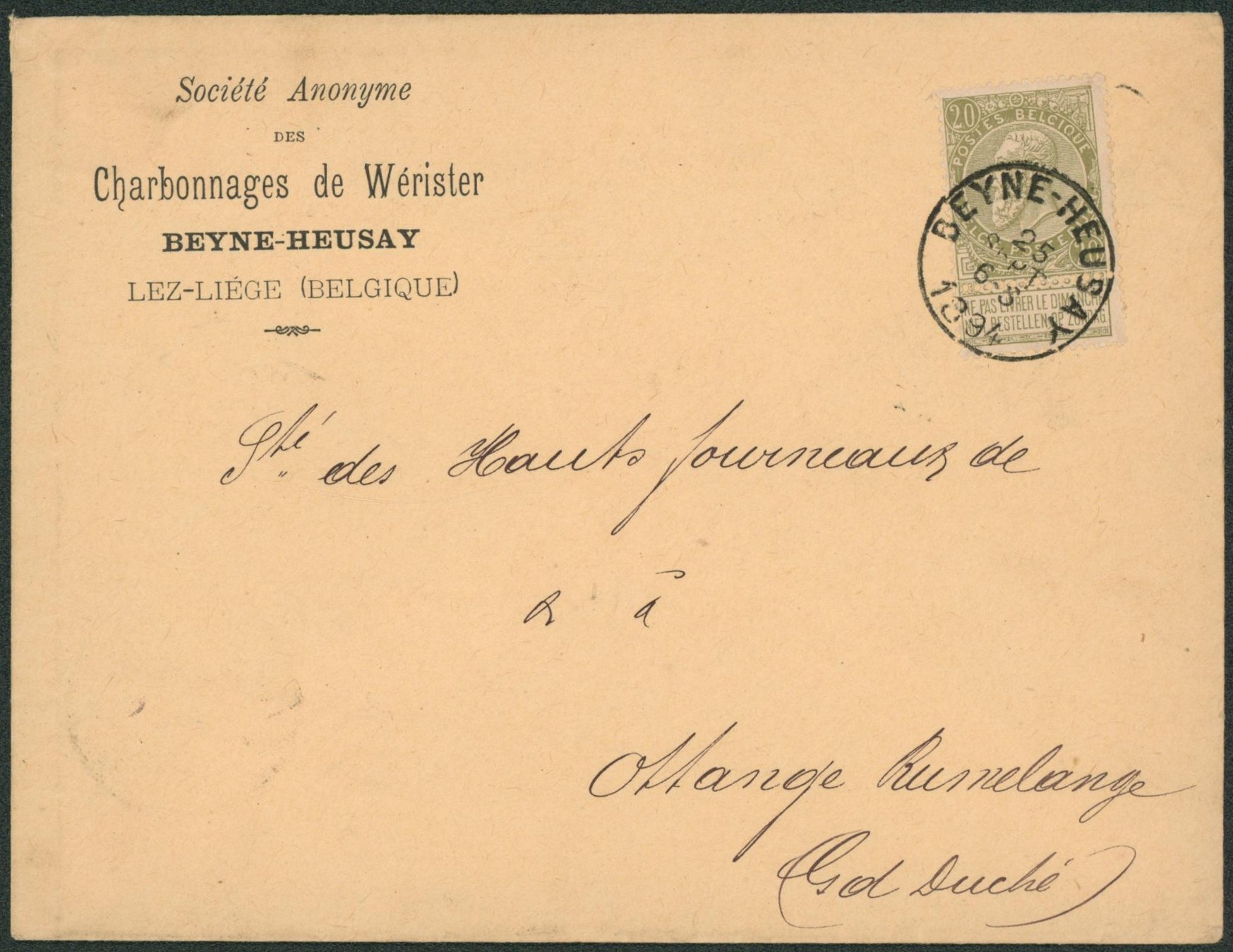 n°59 sur lettre à en-tête (charbonnage de Wérister) çàd Beyne-Heusay > Ortange (Rumelange, Luxembourg)