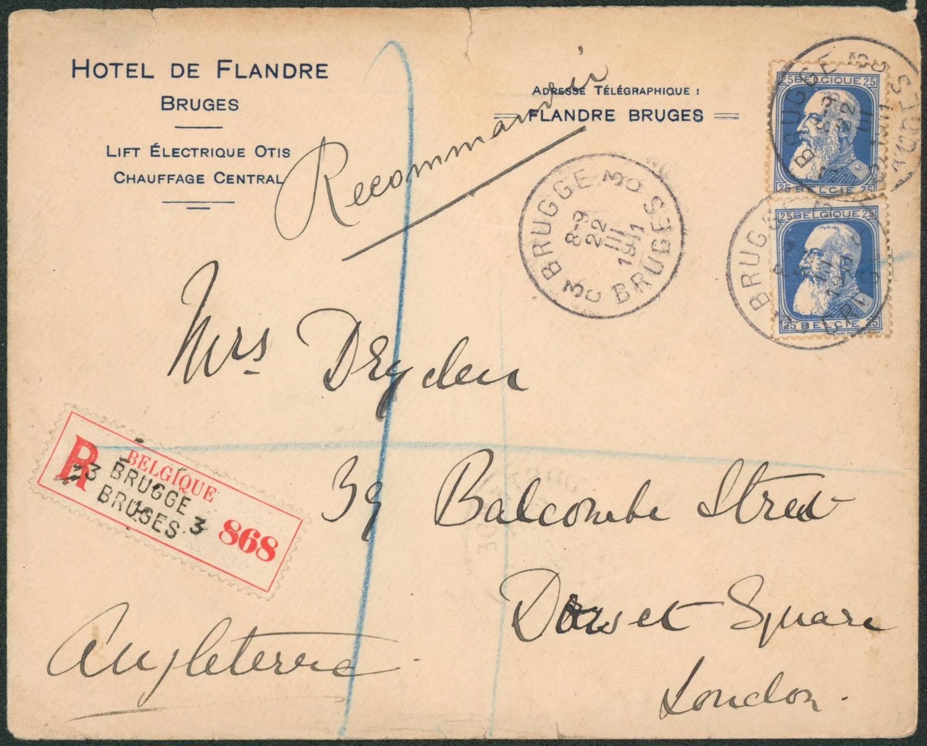 n°76 x2 sur lettre en recommandé (Hotel de Flandre) de Bruges / Brugge > Angleterre.