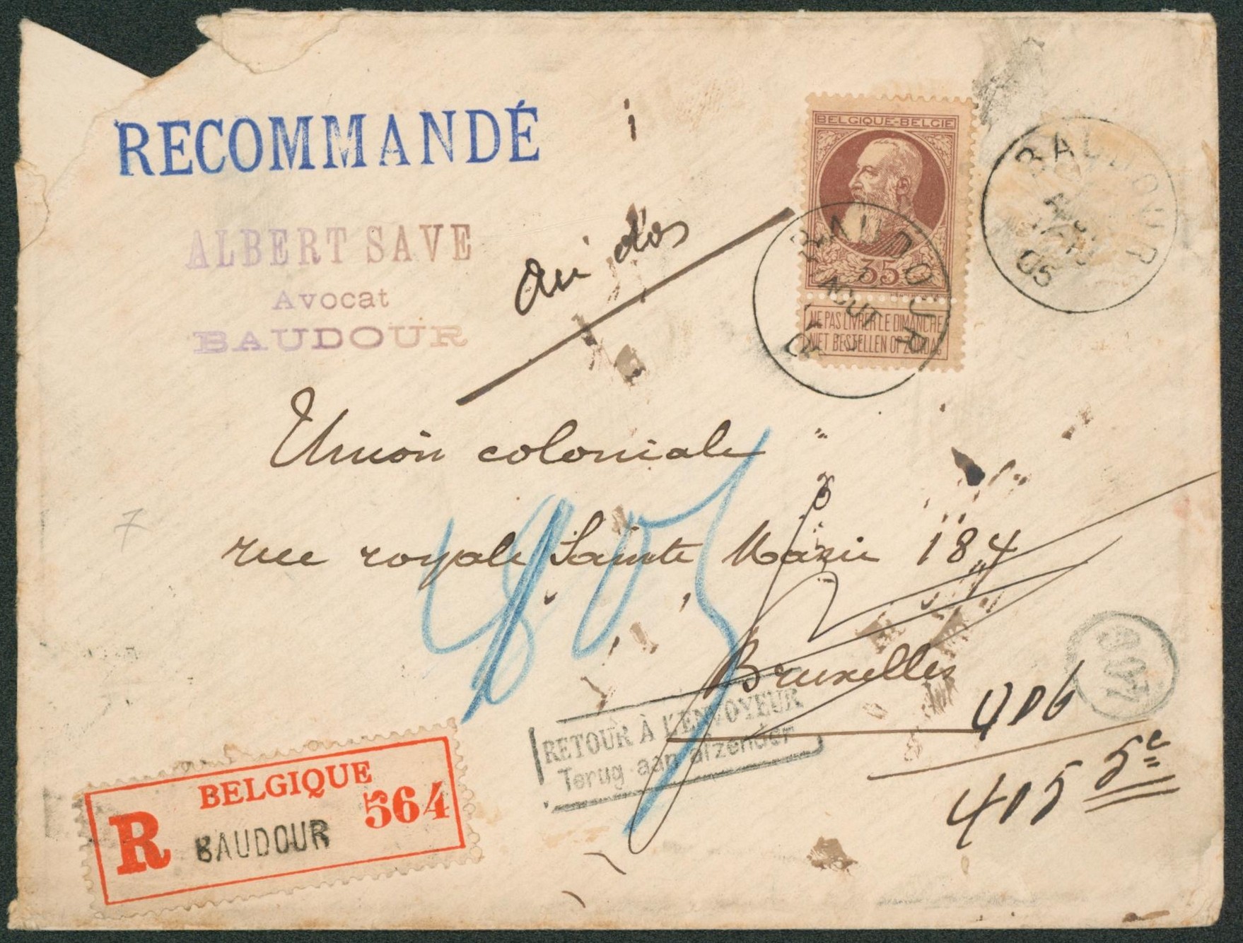n°77 sur lettre en recommandé de Baudour > Bruxelles / Retour à l'envoyeur, inconnu à l'adresse.