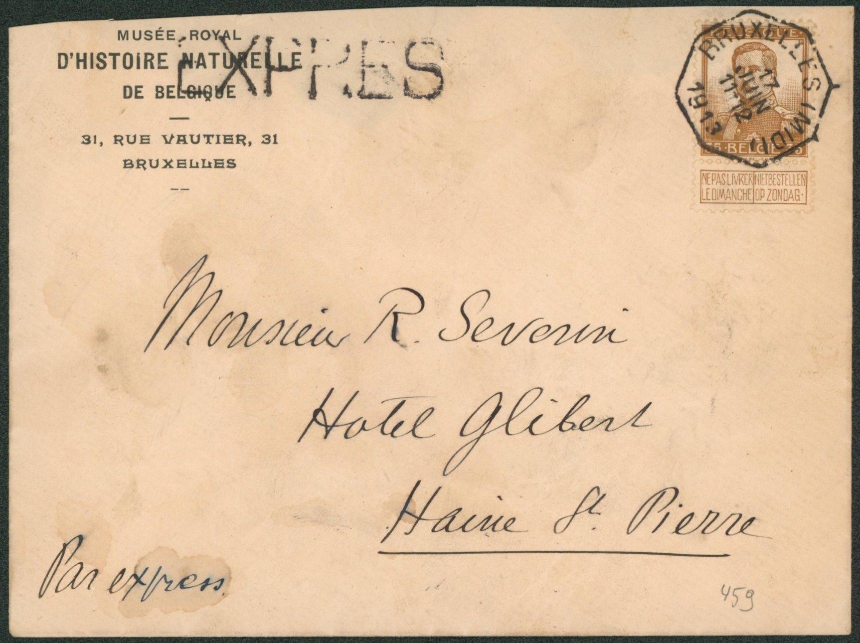 Pellens - n°113 sur lettre en expres obl télégraphique "Bruxelles (midi)" > Haine-St-Pierre