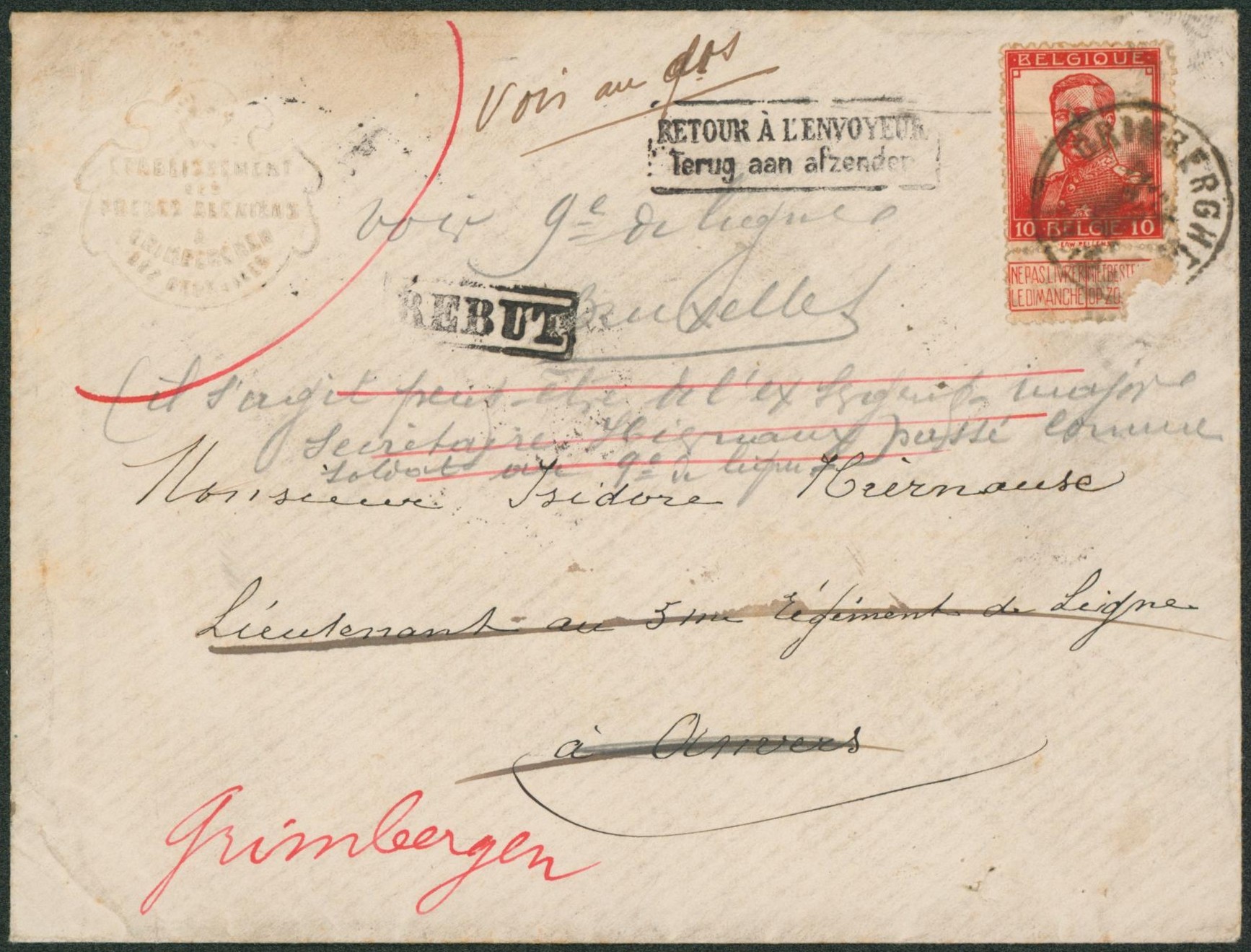 Pellens - n°111 (bandelette touchée) sur lettre expédié de Grimberghen > Lieutenant du 5e régiment de ligne à Anvers, inconnu au 9e de ligne signé le facteur. REBUT