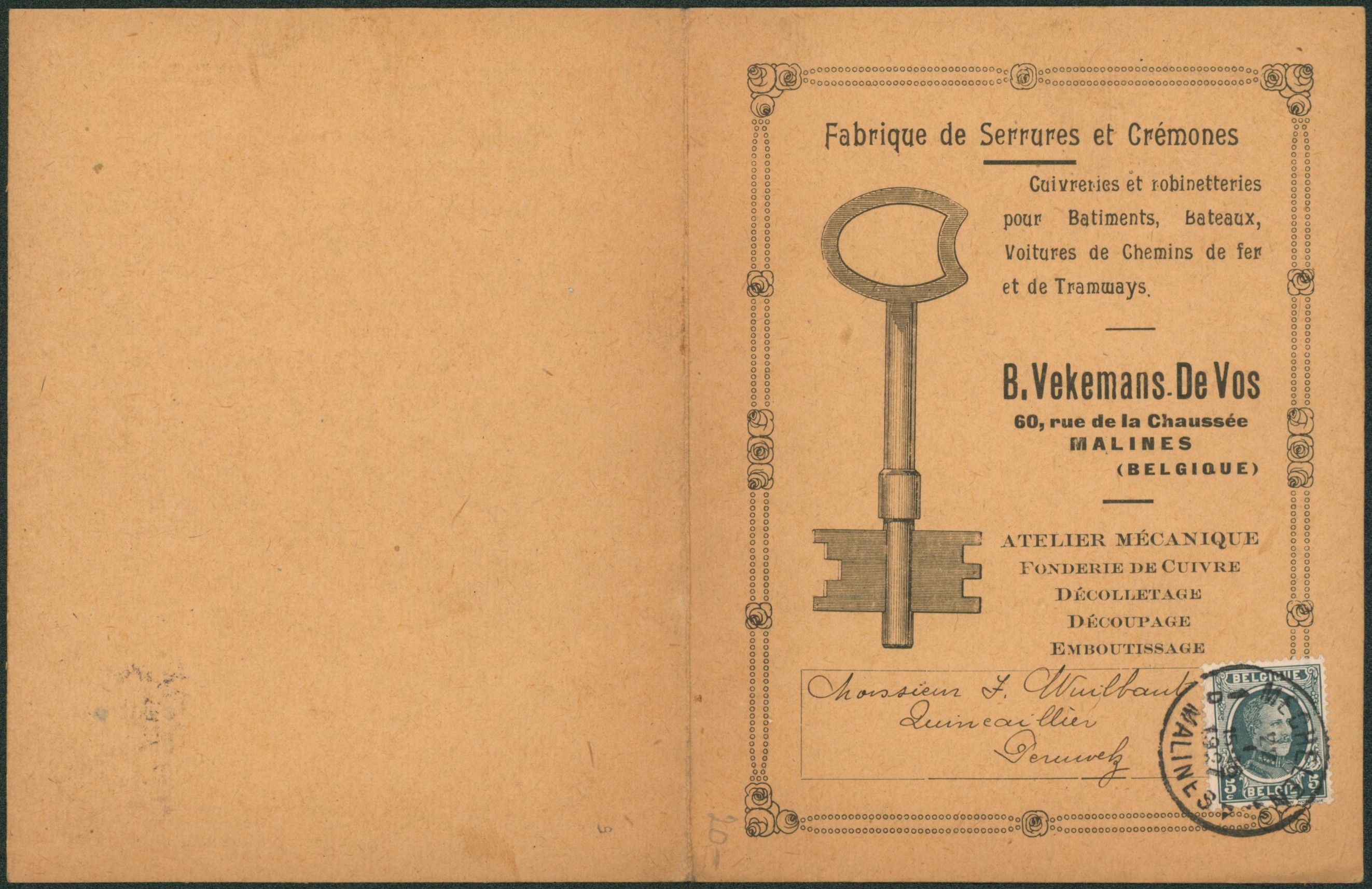 Houyoux - n°193 sur dépliant PUB "fabrique de serrures et crémones, clefs" (Malines, Mechelen) > Péruwelz.