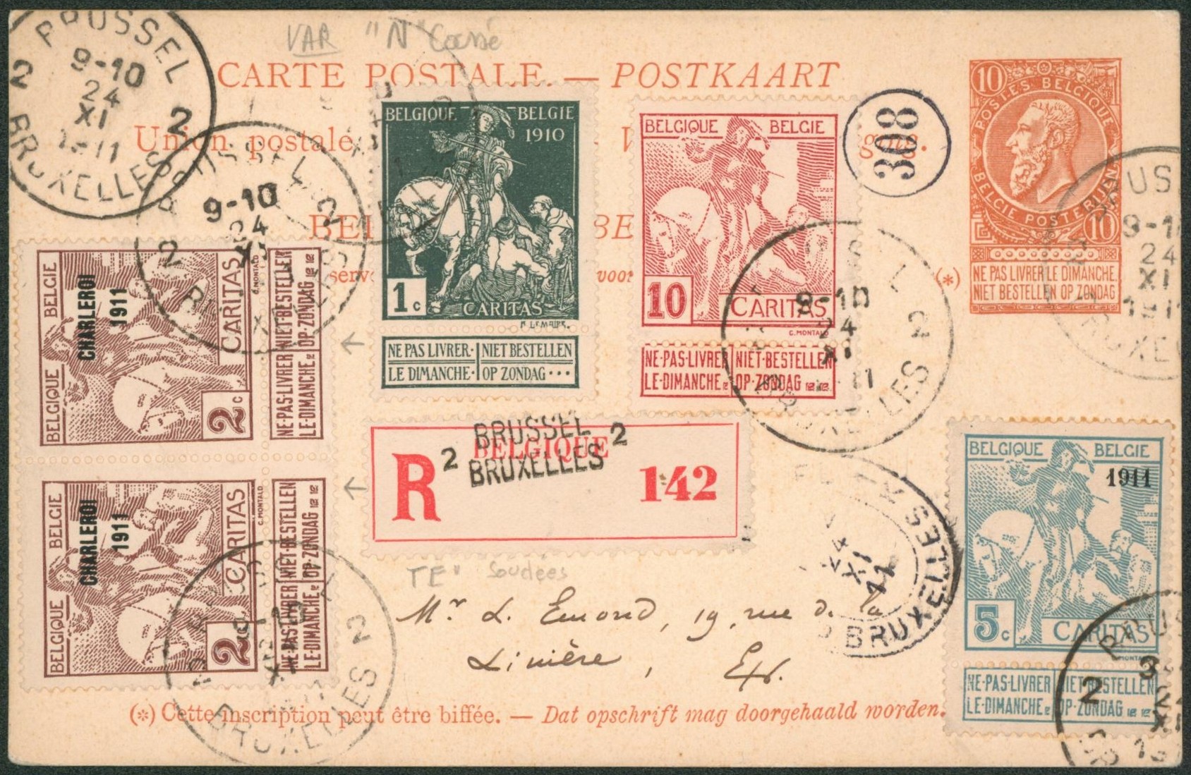 Ep au type carte illustrée paquebot 10ctm orange + Affranch. Mixte caritas en recommandé de Bruxelles > la ville / Variété.