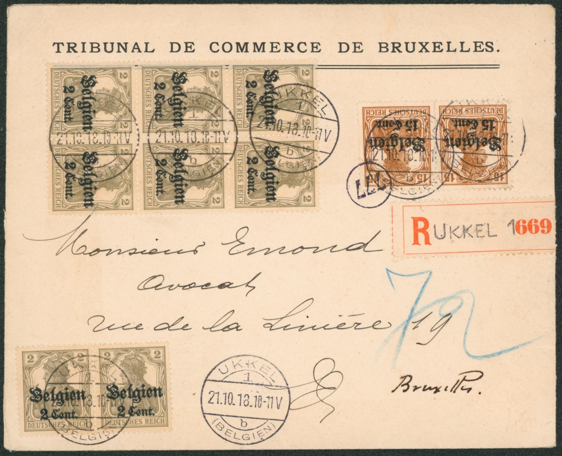 OC10 x8 + OC15 x2 sur lettre en recommandé de Ukkel > Bruxelles