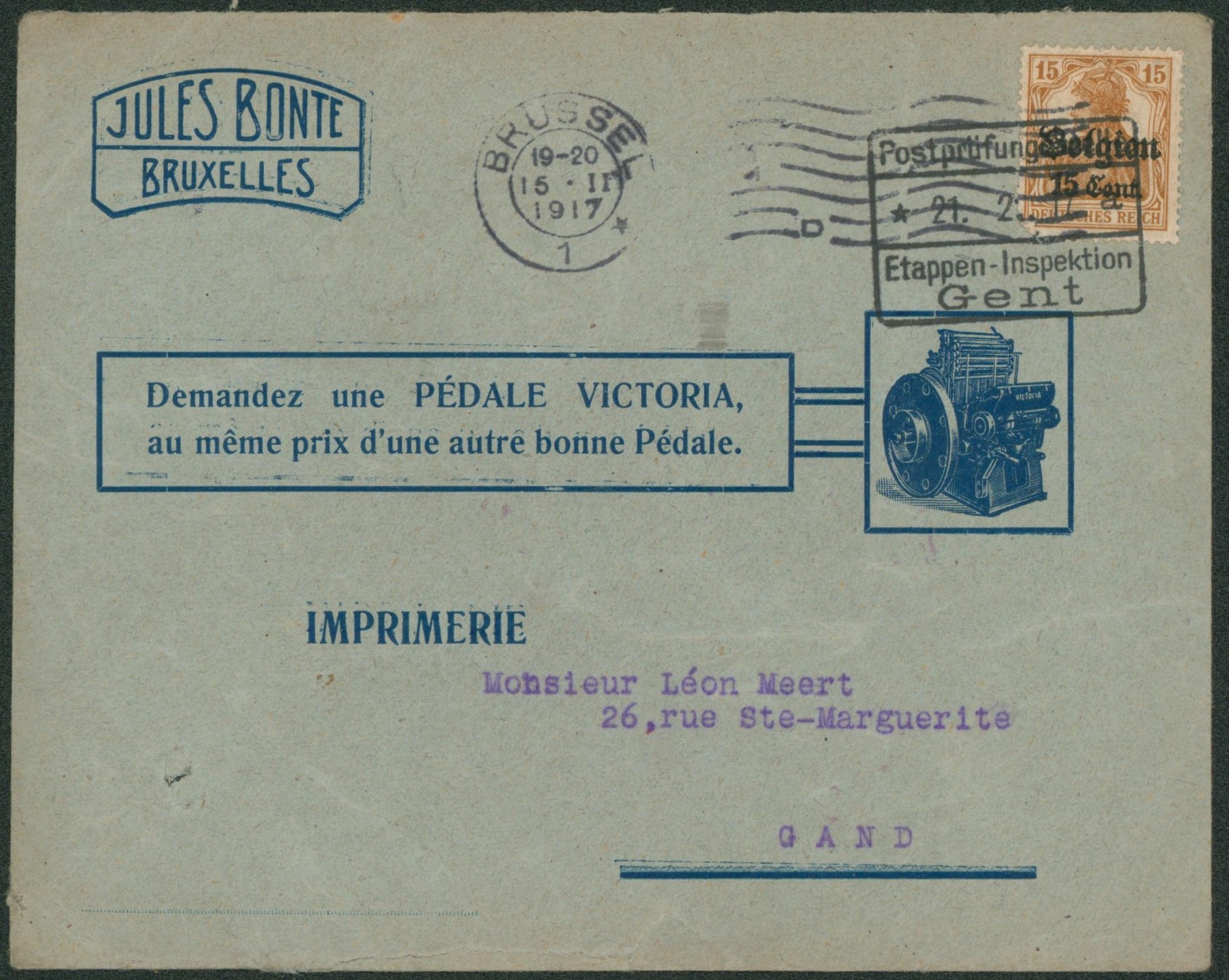 OC15 sur lettre illustrée (Pédale victoria, imprimerie) > Gand