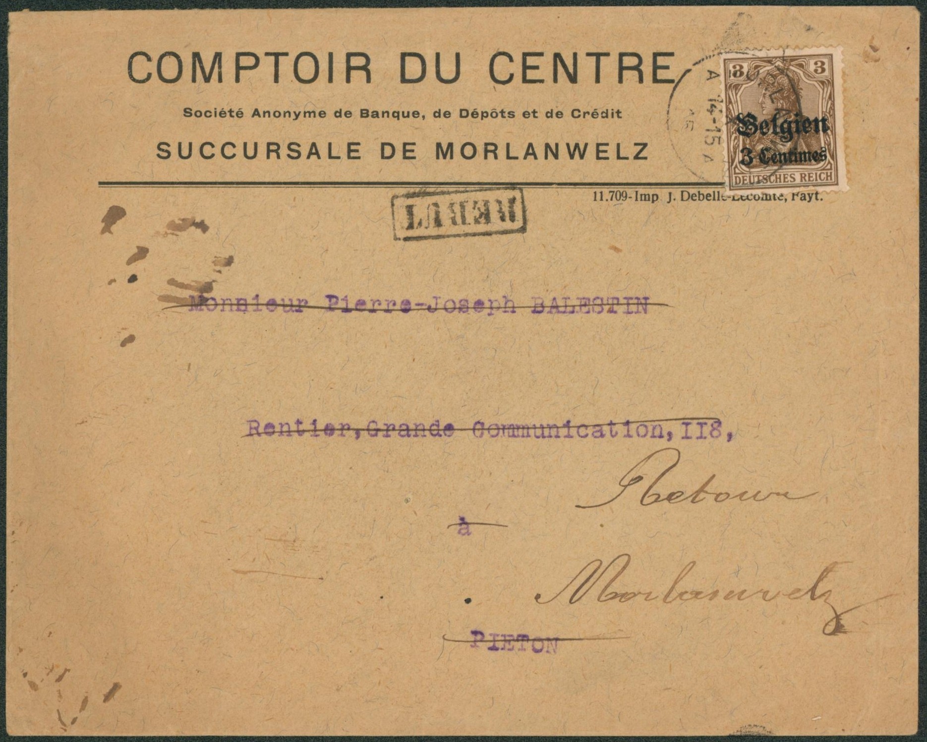 OC1 sur lettre à en-tête expédiée de Morlanwelz > Piéton, retour à l'envoyeur. Rebut / décédé.