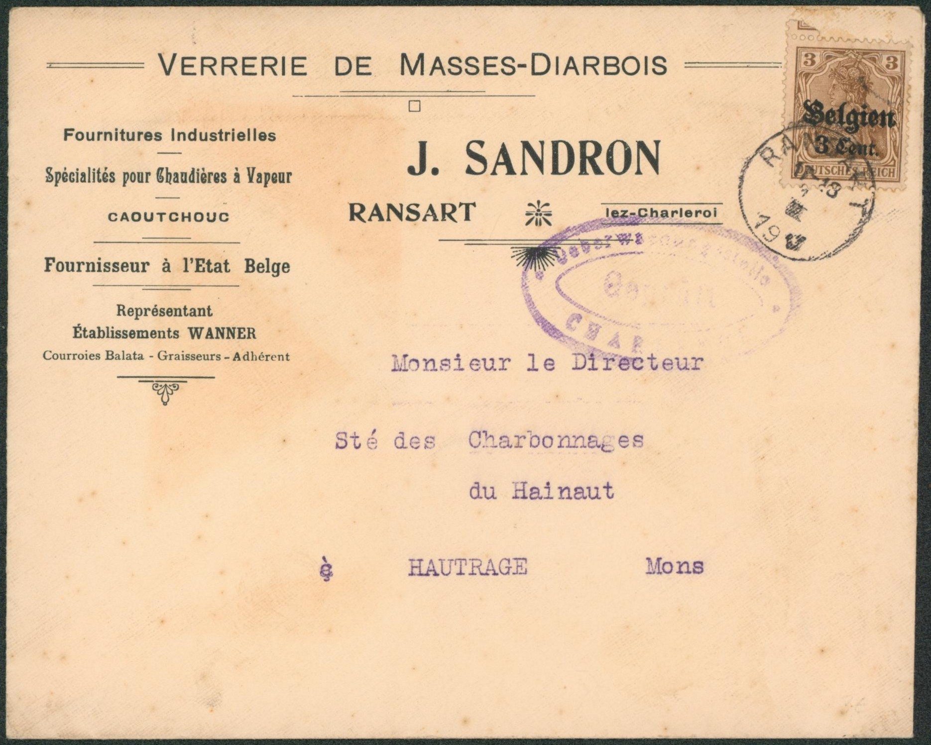 OC11 sur lettre à en-tête (verrerie) de Ransart > hautrage.