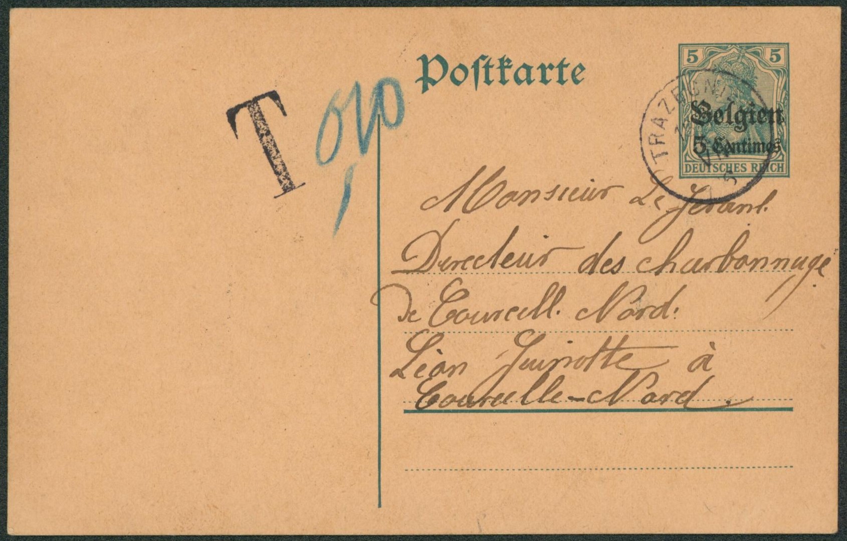 EP au type 5ctm vert obl simple cercle "Trazegnies" > Courcelles-Nord / Taxé.