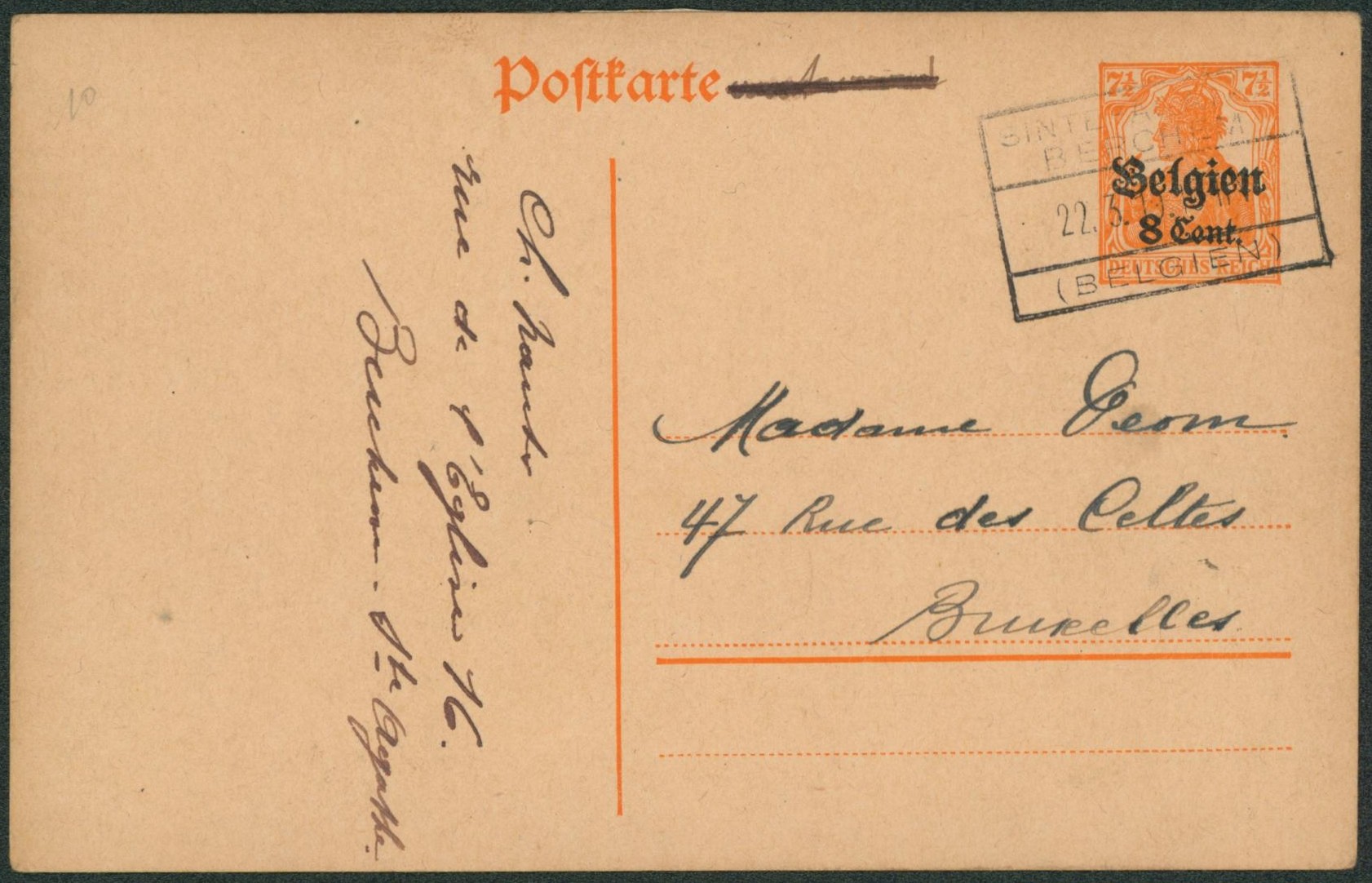 EP au type 8ctm orange + cachet rectangulaire "Sint-Agatha-Berchem" > Bruxelles