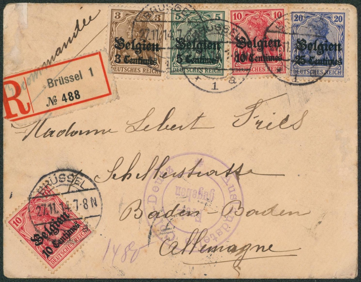 OC1, 2 , 3 x2 et 4 sur lettre en recommandé de Brussel > Baden-Baden (Allemagne).