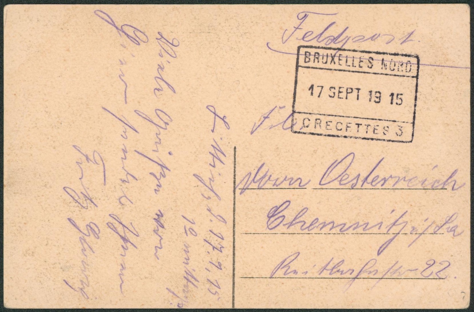 CP en feldpost + cachet chemin de fer "Bruxelles Nord / Recettes" > Chemnitz (Allemagne).