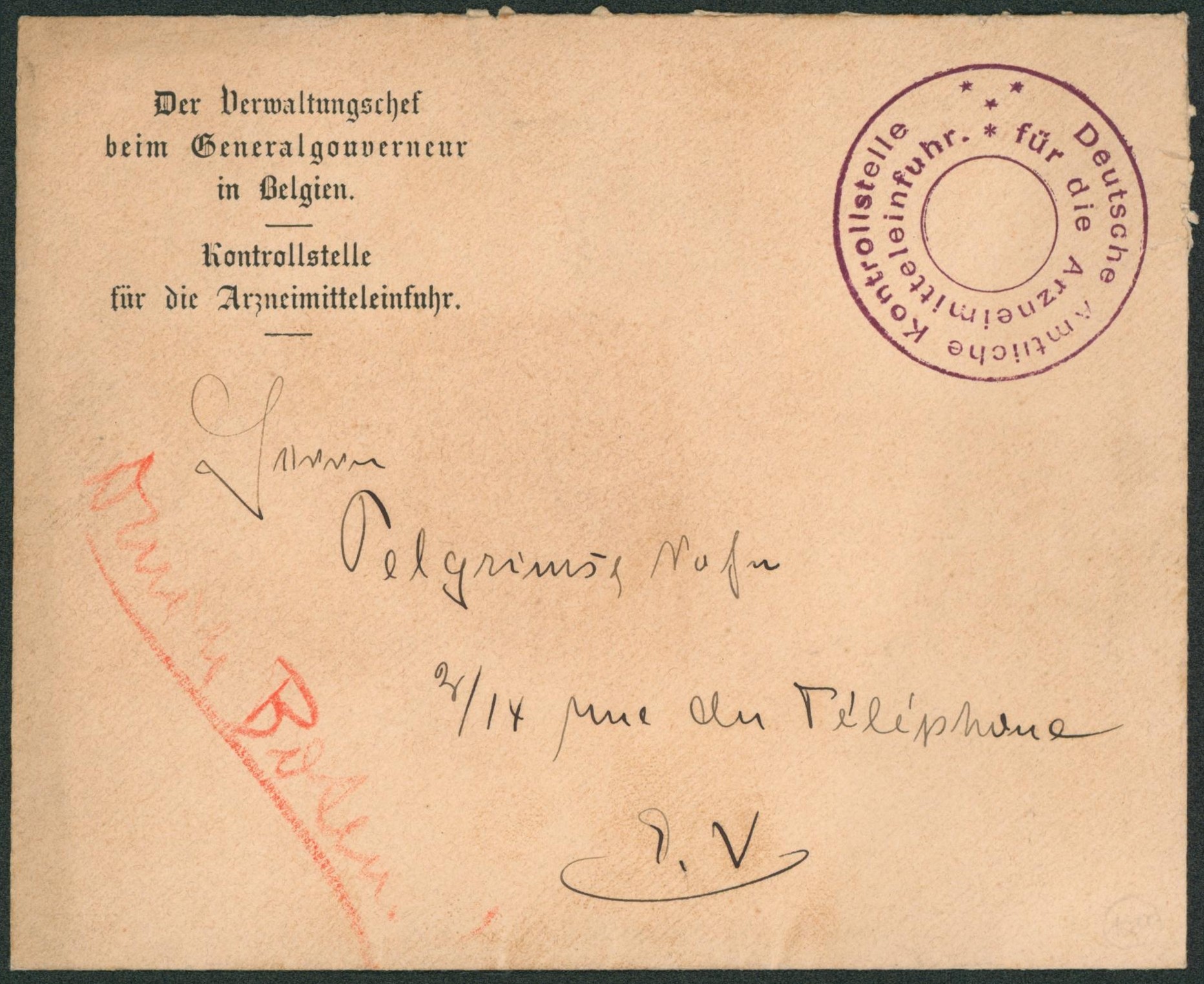 Lettre en franchise (occupation allemande) + cachet deutsche Amtliche kontrollstell (service de contrôle) > Bruxelles.