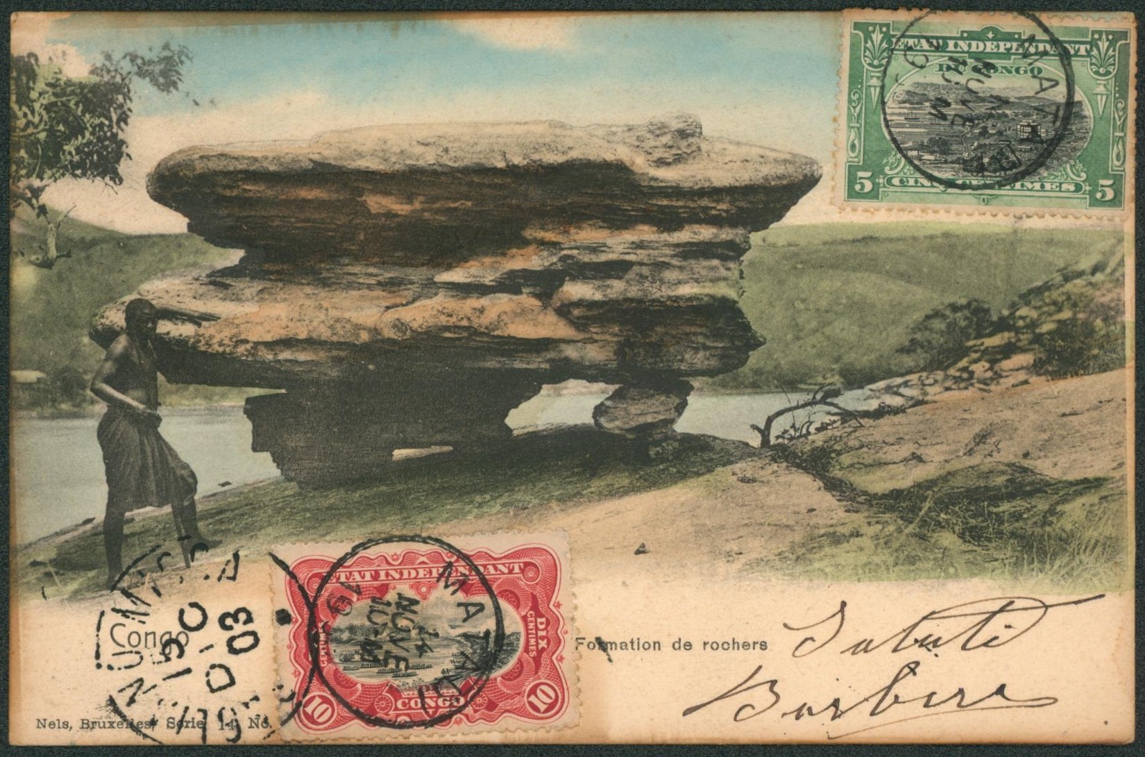 Congo Belge - Mols n°16 et 19  sur CP vue (Nels, colorsiée) expédié de Matadi > Sagliano Micca (Briella, Italie) çàd cachet d'arrivé.