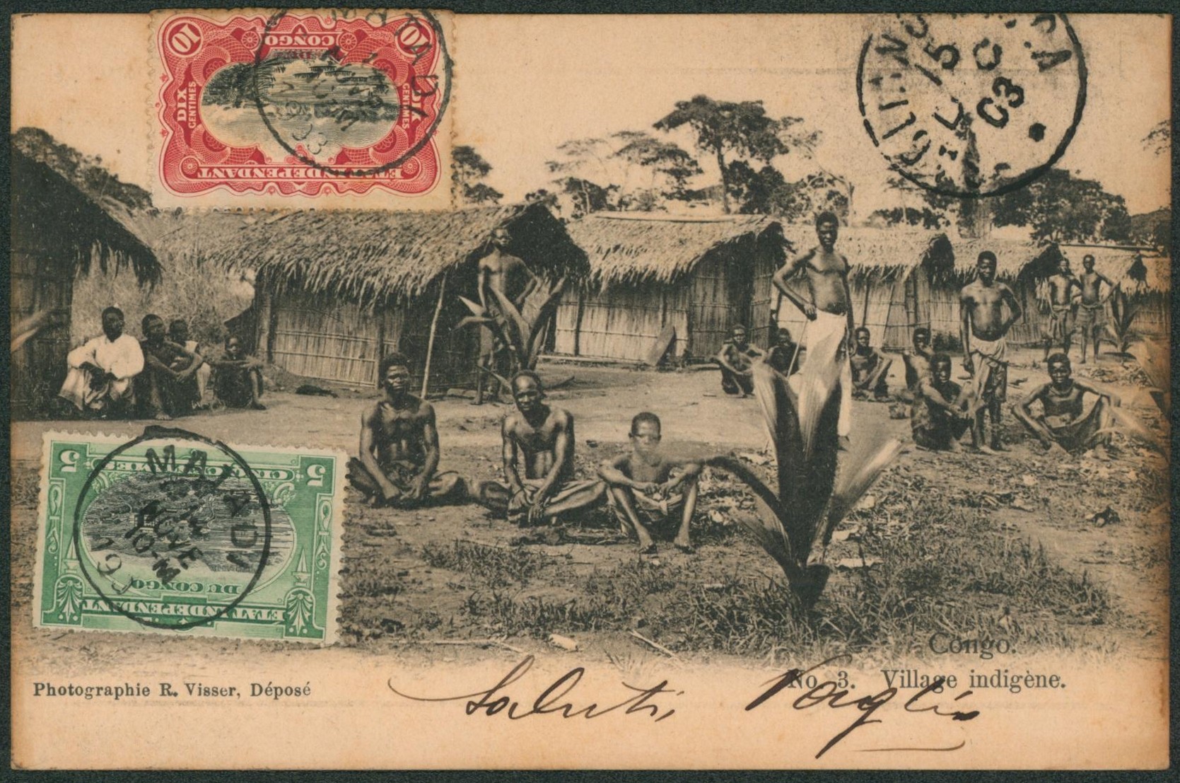 Congo Belge - Mols n°16 et 19  sur CP vue (Photographie R. Visser) expédié de Matadi > Sagliano Micca (Briella, Italie) çàd cachet d'arrivé.