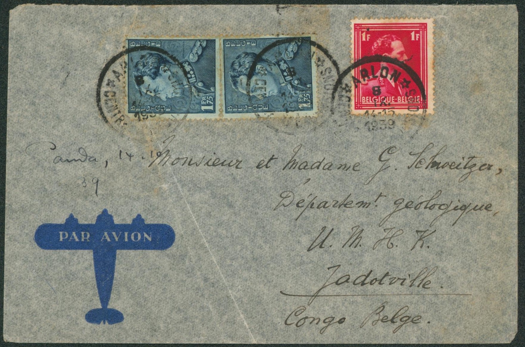 Affranch. Mixte (Poortman / Col ouvert) sur lettre par avion + cachet touristique "Arlon" > Département géologique à Jadotville (Congo Belge).