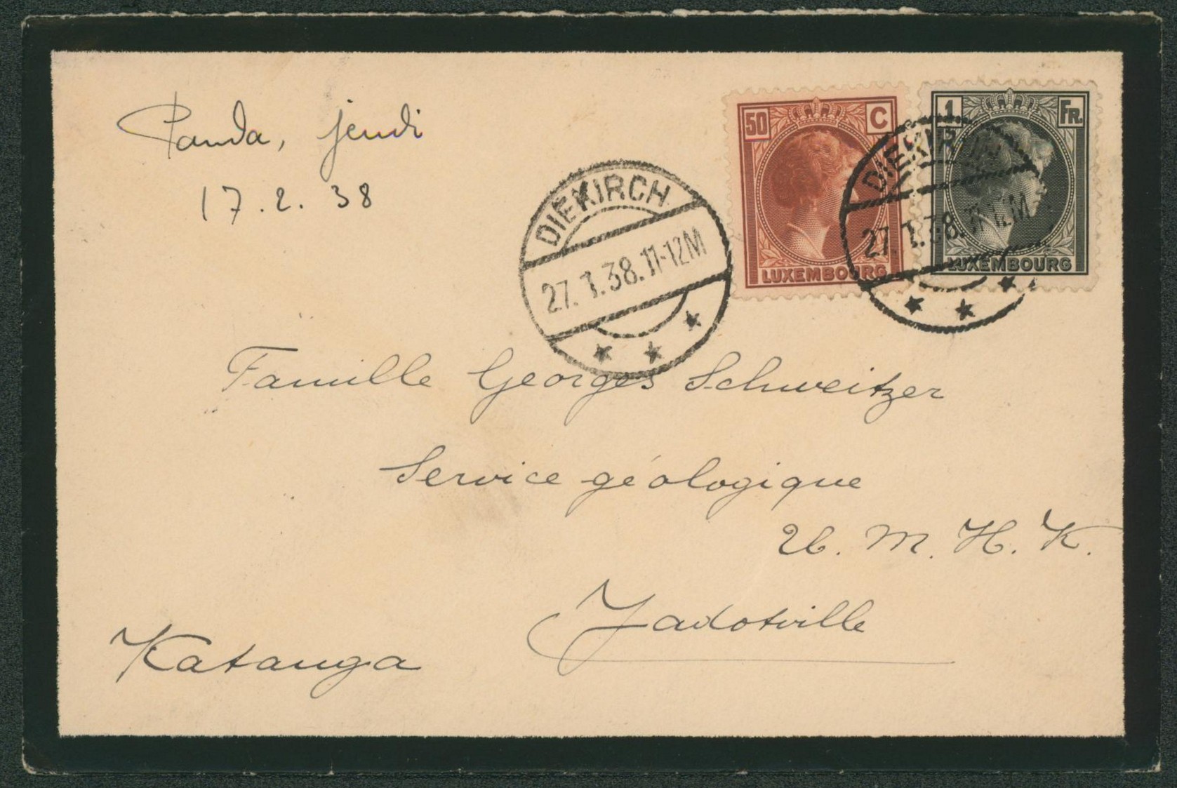 Luxembourg - Affranch. Mixte sur lettre expédié de Diekirch > Jadotville (Katanga, Congo Belge).