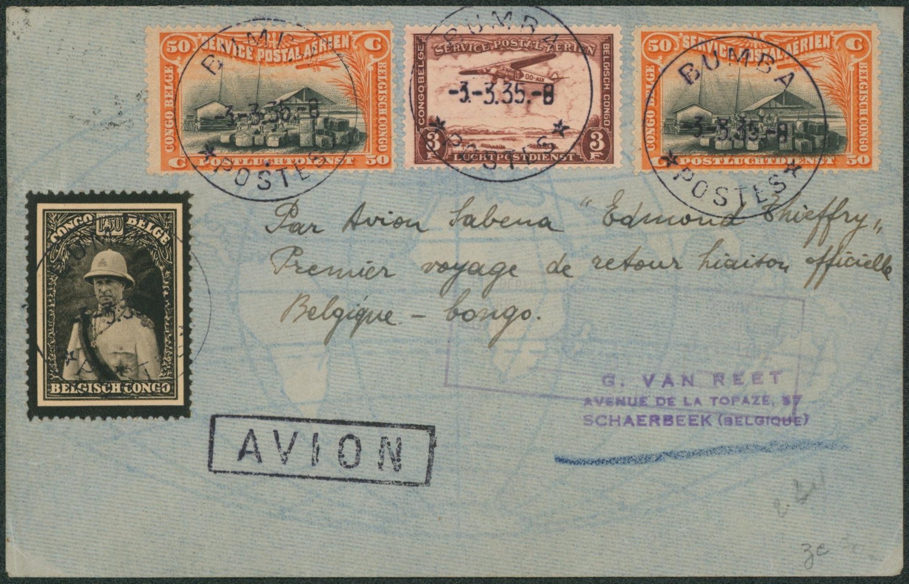 Congo Belge - n°184 + PA1 x2 et PA10 sur lettre par avion sabena "edmond thieffry" premier voyage de retour liaison officielle Belgique-Congo.