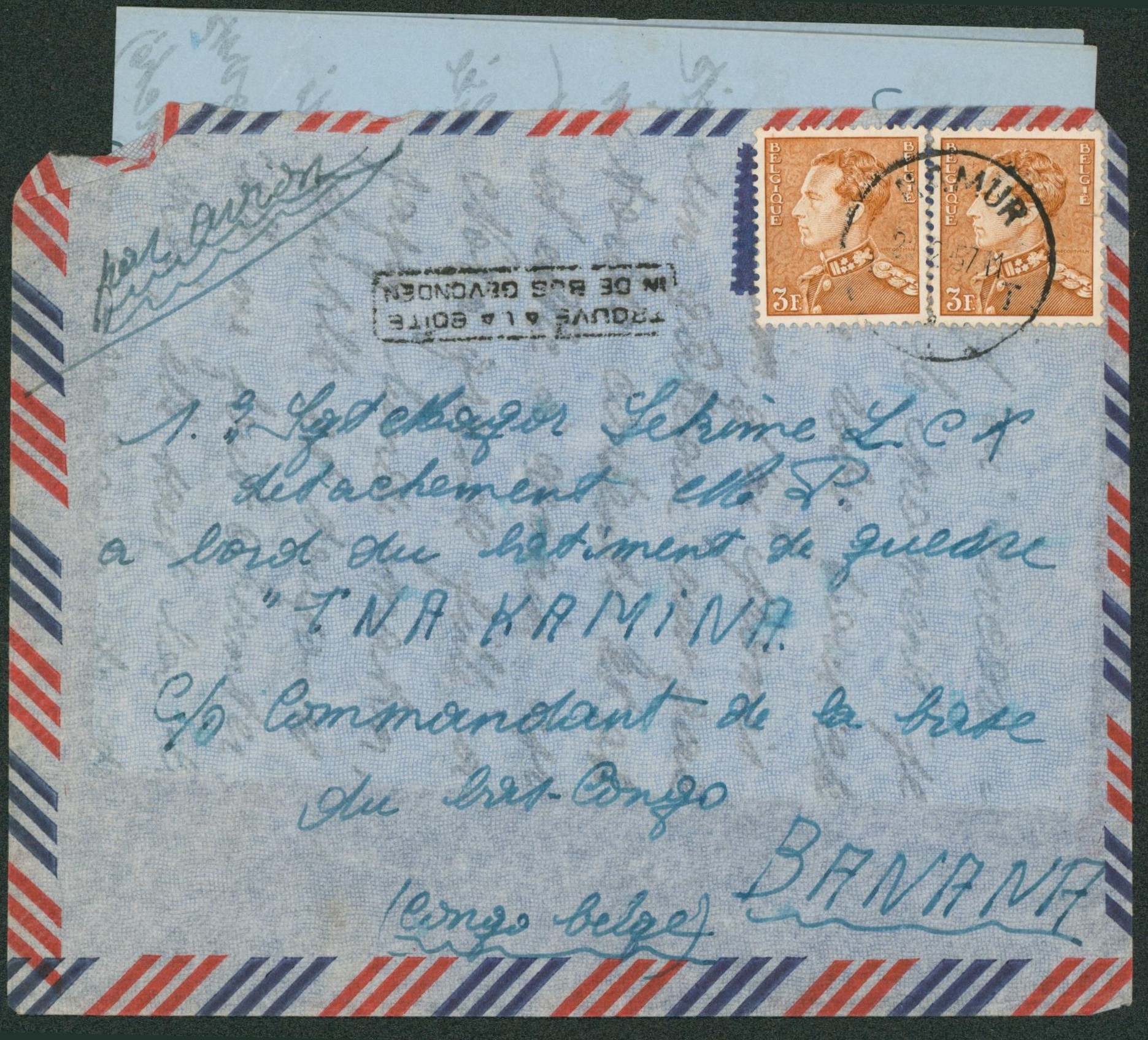 Poortman - n°847 en paire sur lettre par avion "trouvé à la boite" de Namur > détachement MP. À bord du batiment de guerre "FNA KAMINA", commandant de la base du bas-Congo à Banana (Congo Belge).