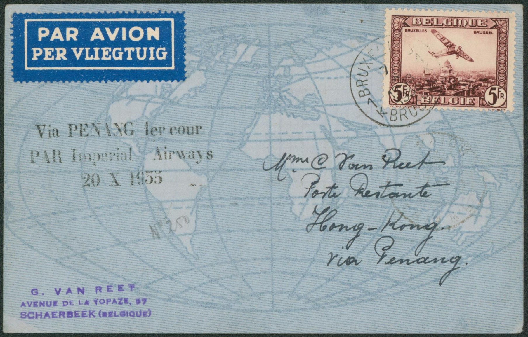 PA4 sur lettre par avion de Bruxelles > poste restante à Hong-Kong via Penang par imperial airways 20/X/35