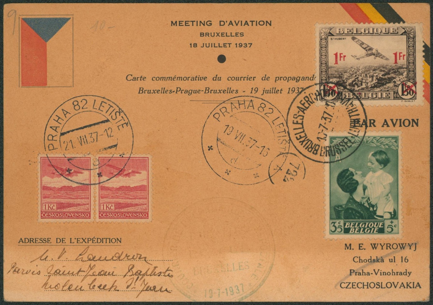 Carte commémorative du courrier de propagande (Meeting d'aviation Bruxelles 1937) de Bruxelles > Praha (Tchécoslovaquie) + retour.