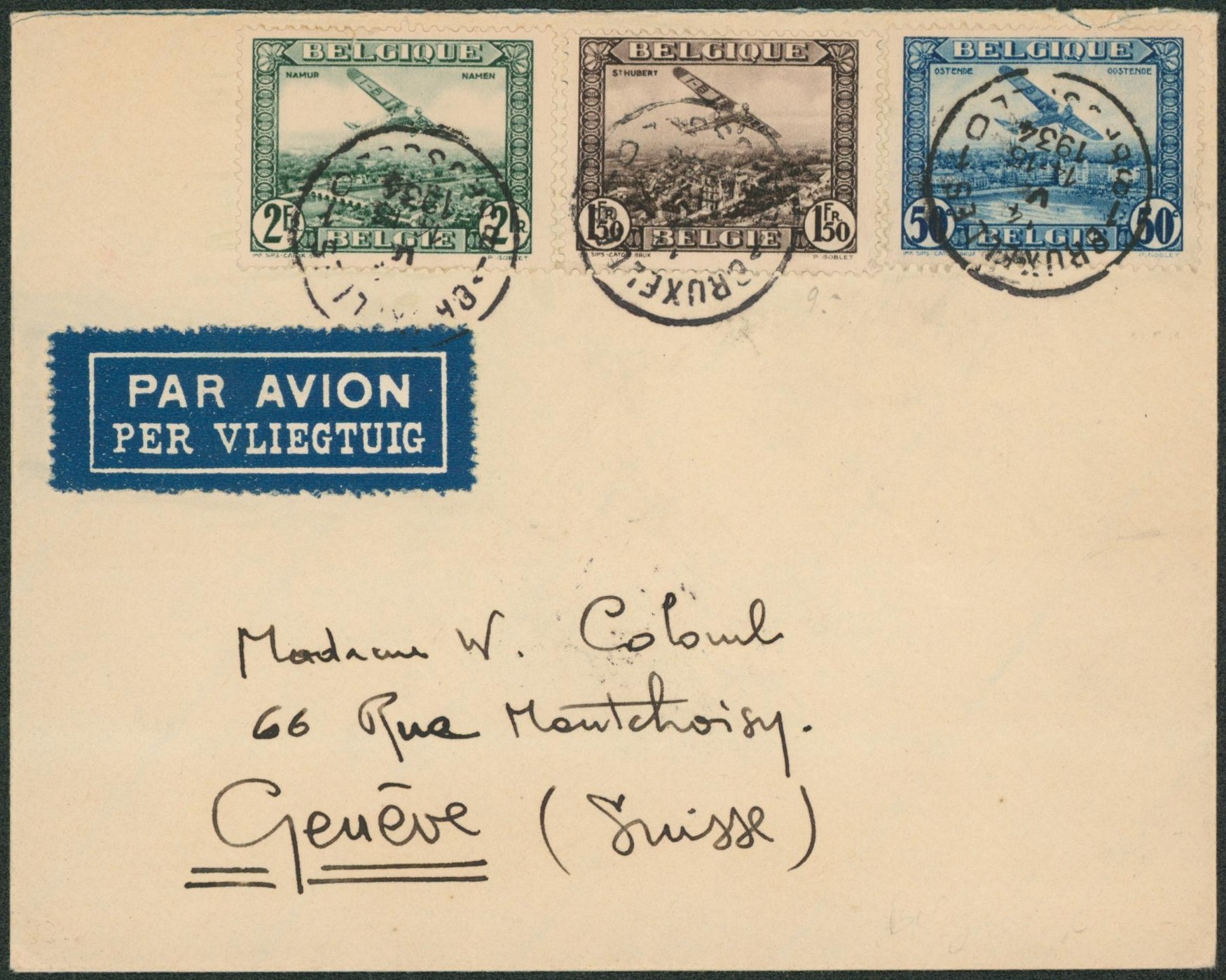 PA1/3 sur lettre par avion de Bruxelles > Genève (Suisse)