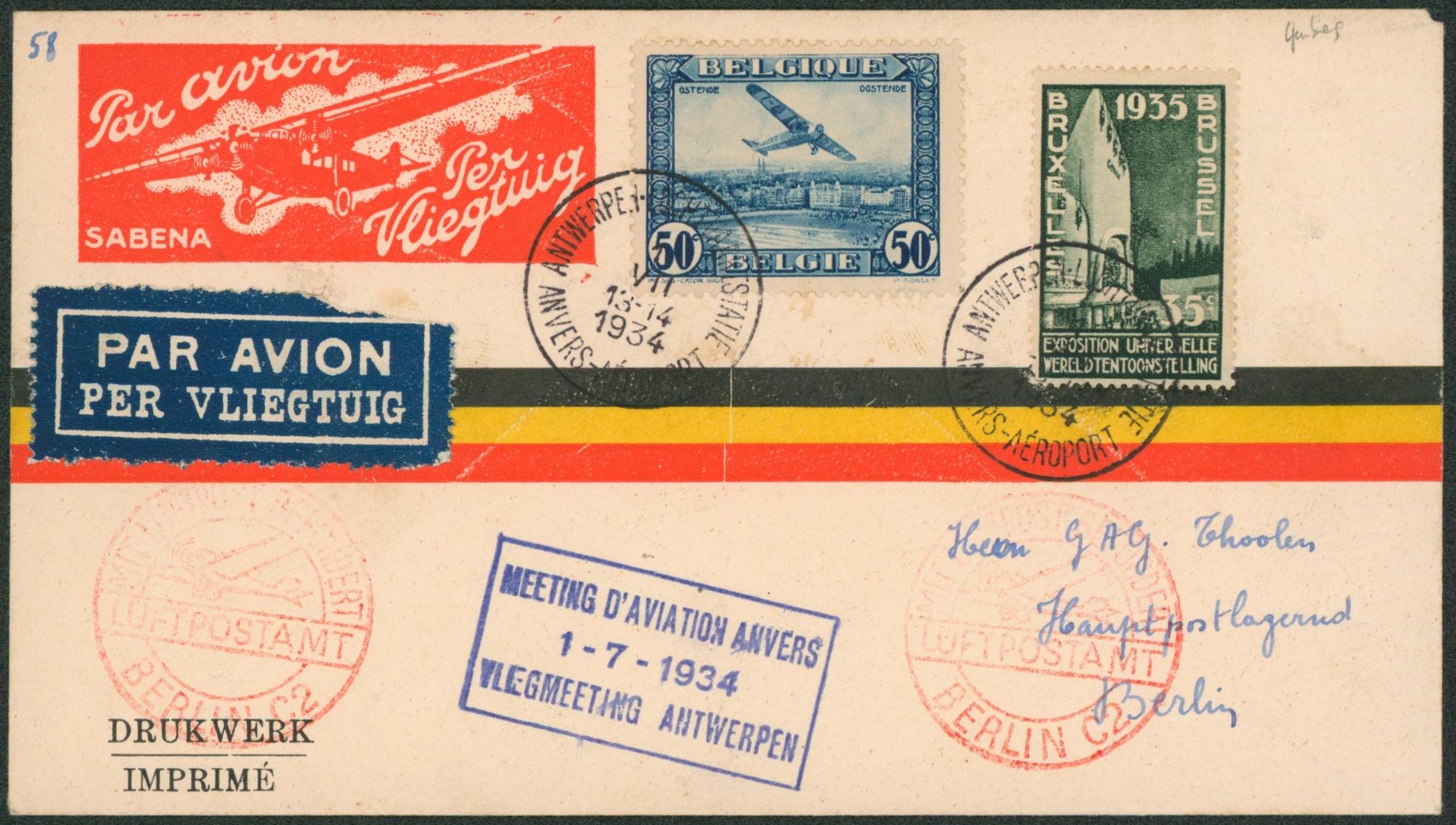 PA1 et n°386 sur lettre par avion "meeting d'aviation d'anvers"  + vignette SABENA > Berlin / imprimé