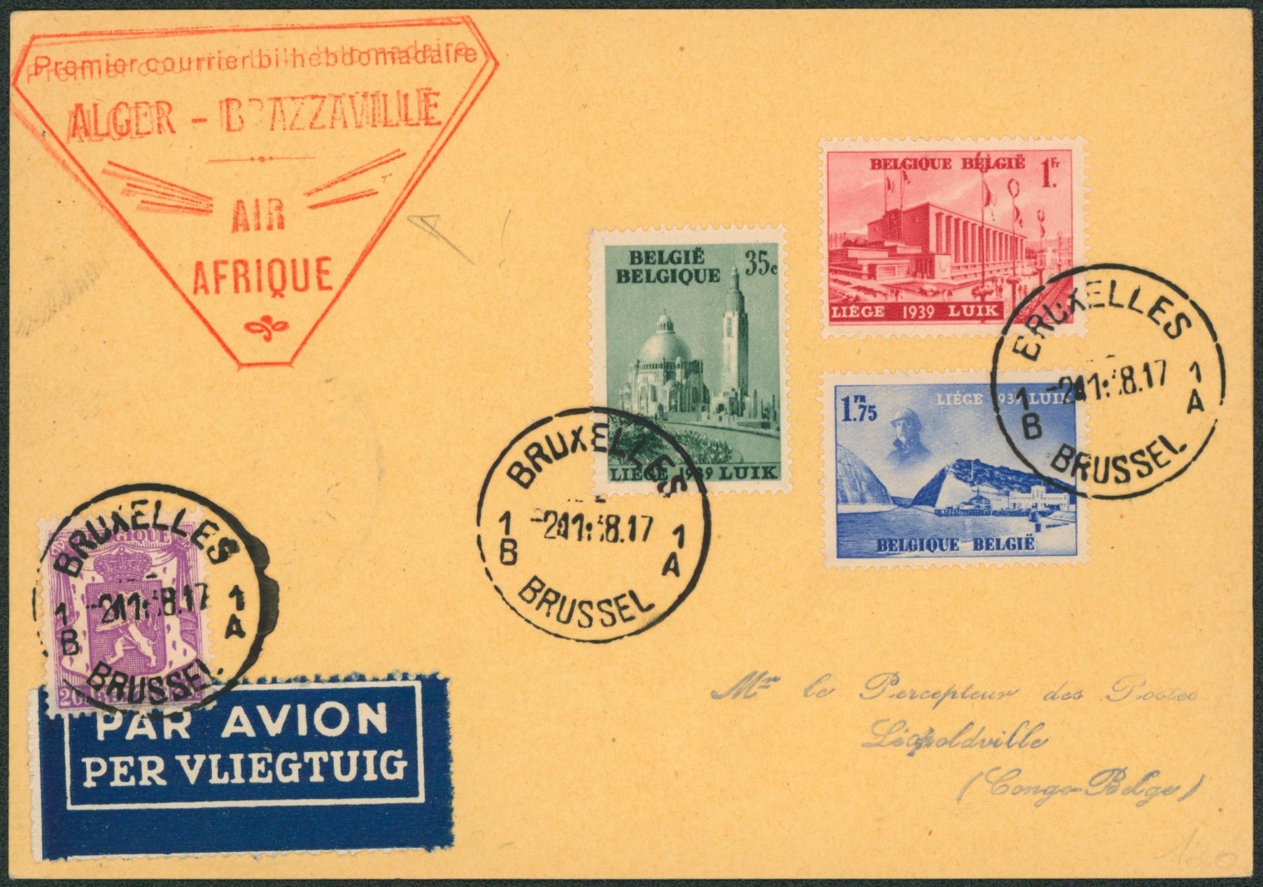 Affranch. Mixte sur imprimé par avion de Bruxelles "premier courrier bi-hebdomadaire Alger-Brazzaville" (Air afrique) > Léopoldville (Congo)