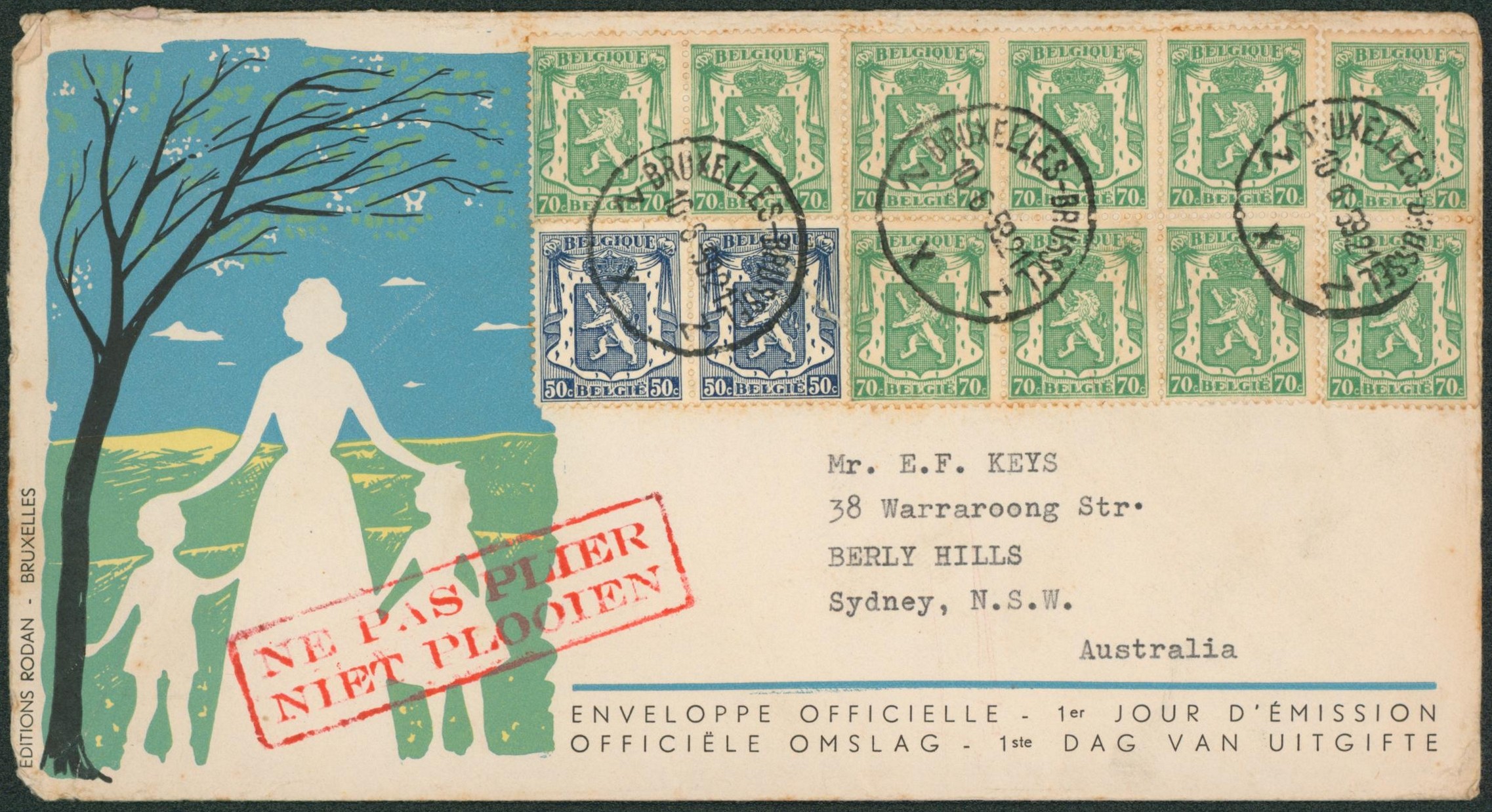 Petit sceau - n°426 x2 et 712 x10 sur lettre expédié de Bruxelles > Sydney (Australie)