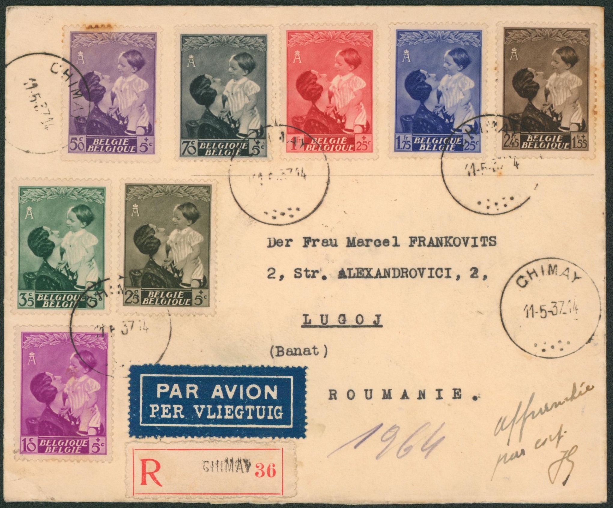 Série complète çàd n°447/54 (S.M. Reine Astrid) sur lettre en recommandé par avion de Chimay > Lugoj (Roumanie).