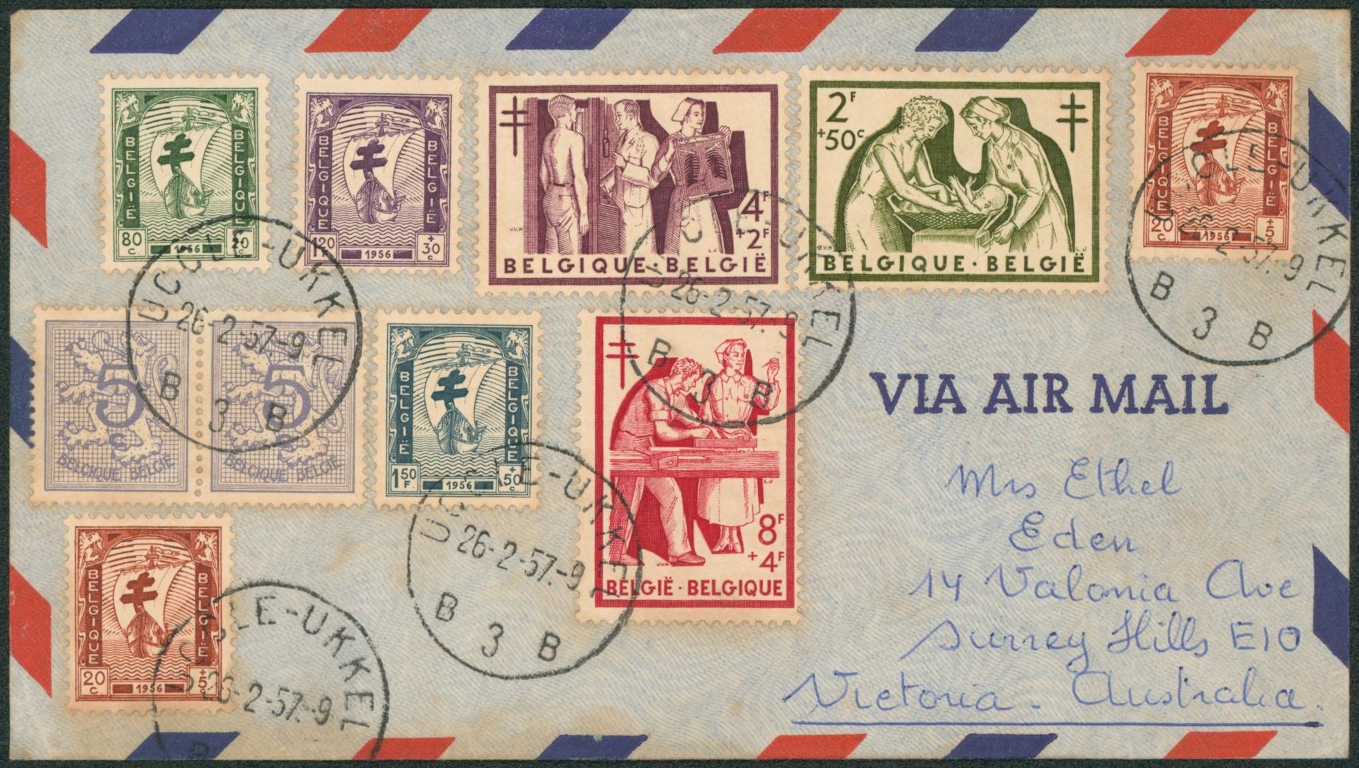 série complète n°998/1004 + affranch. Complémentaire sur lettre par avion de Uccle > Victoria (Australie)
