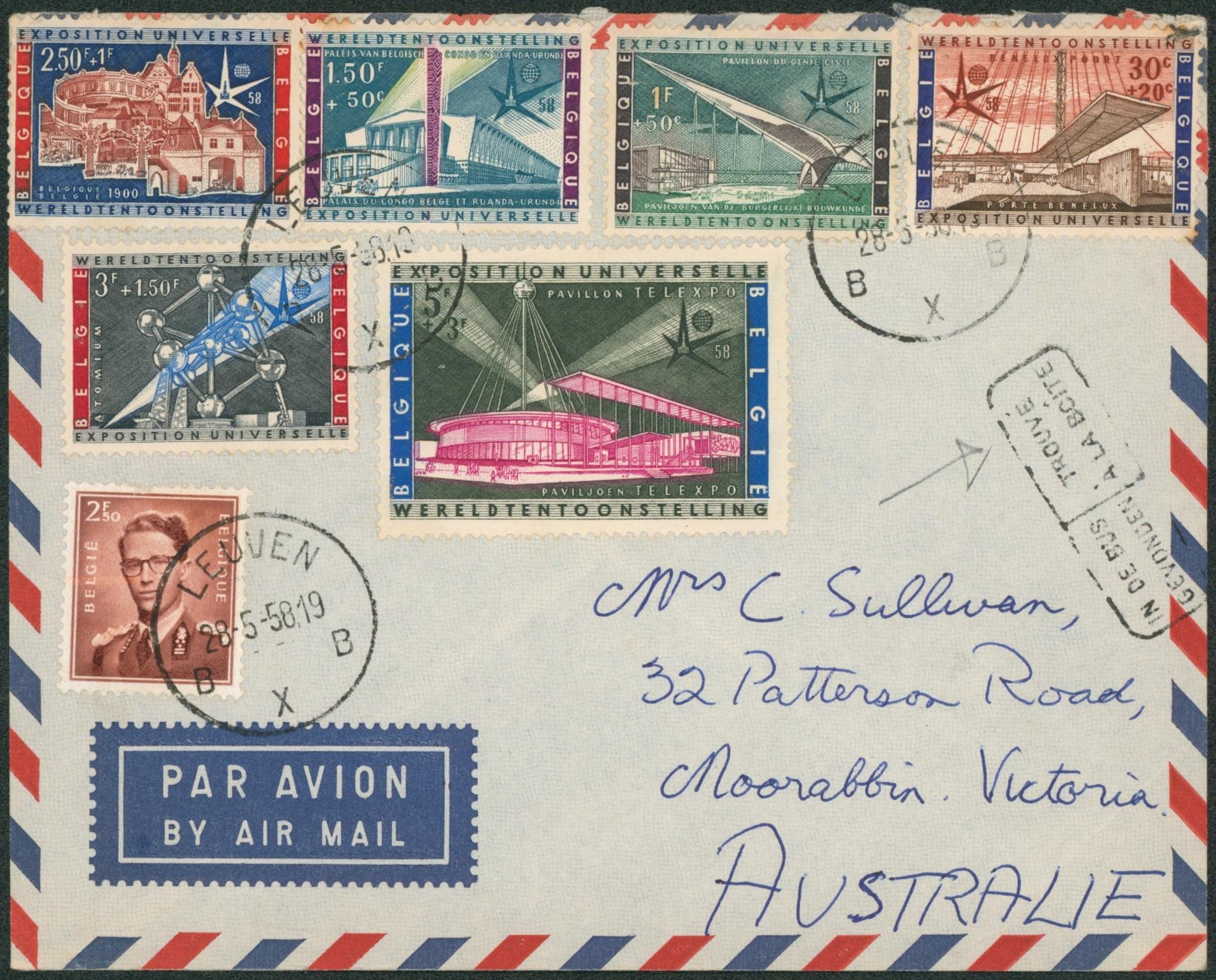 Série complète n°1047/52 (Expo 58) + baudouin à lunettes 2F50 sur lettre par avion trouvé dans la boite > Victoria (Australie)