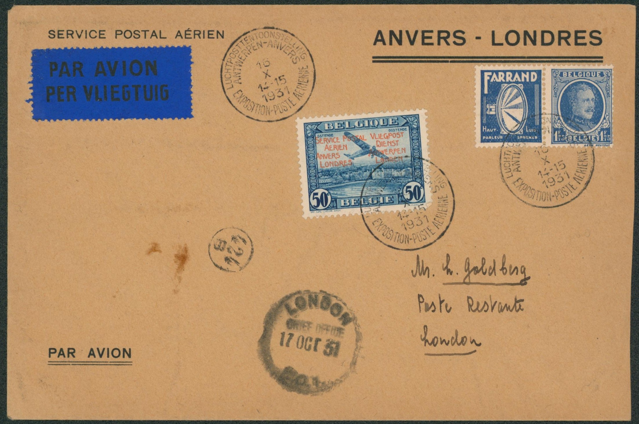 PR30 + PU3 sur lettre par avion expédié de Anvers-Antwerpen / Exposition poste aérienne > poste restante London