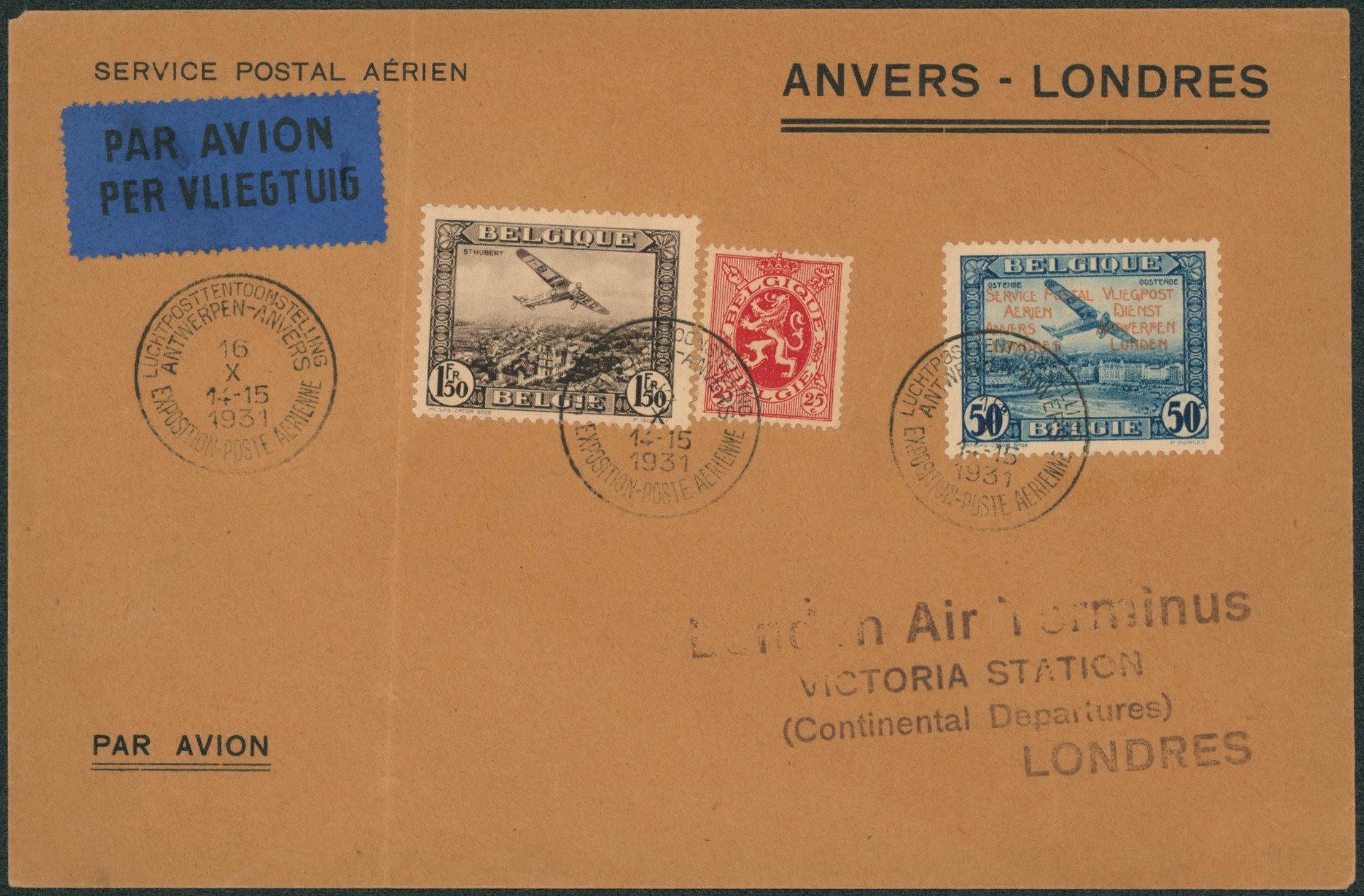 PR30 + n°PA2 et n°282 sur lettre par avion expédié de Anvers-Antwerpen / exposition poste aérienne > Londres