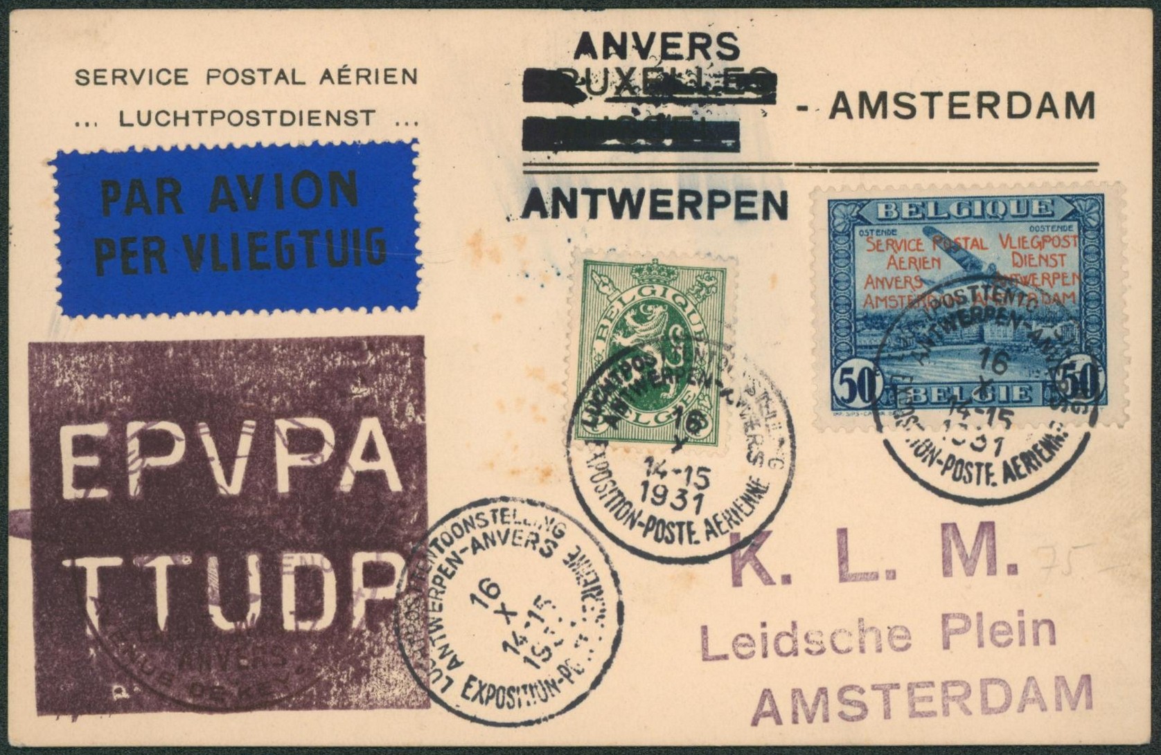 PR32 + 283 sur imprimé service postal aérien de Anvers-Antwerpen / Exposition poste aérienne > Amsterdam
