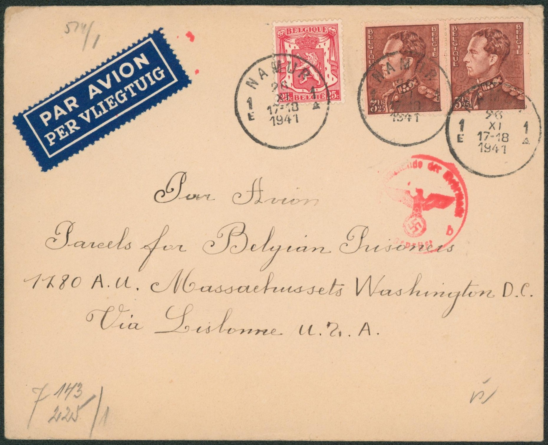 n°423 et 531 x2 sur lettre par avion de Namu > Washington (USA) via Lisbonne + censure militaire.