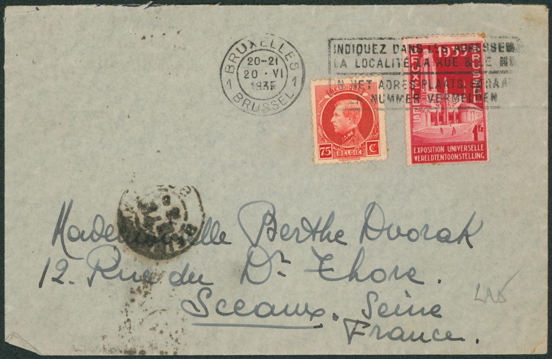 n°212 et 387 sur lettre obl mécanique "Bruxelles" > Sceaux (France)