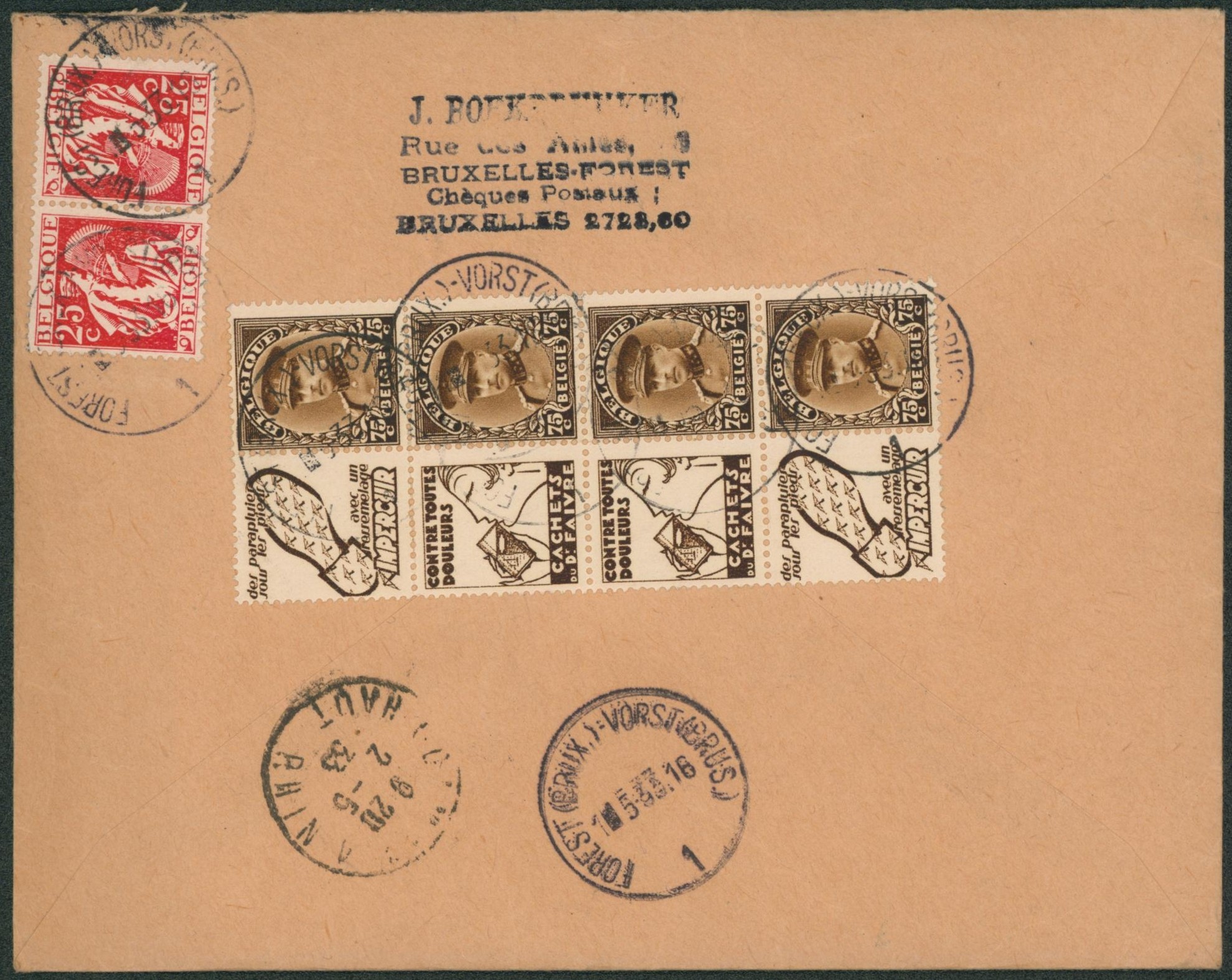 KP14 et PU69 + PU71 morceau de feuille (doublé)sur lettre avec contenu de Forest > Colmar (France)