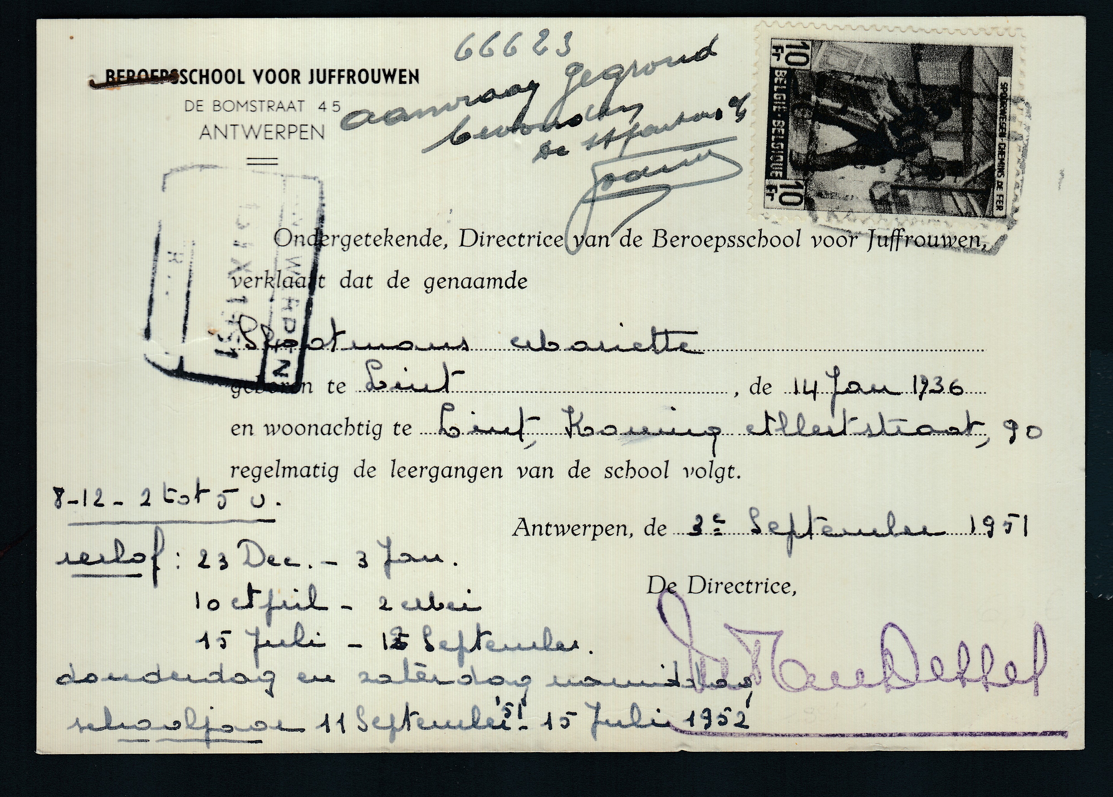 CF283 sur carte scolaire ( Beroereschool voor juffrouwen), Antwerpen le 2 septembre 1951.