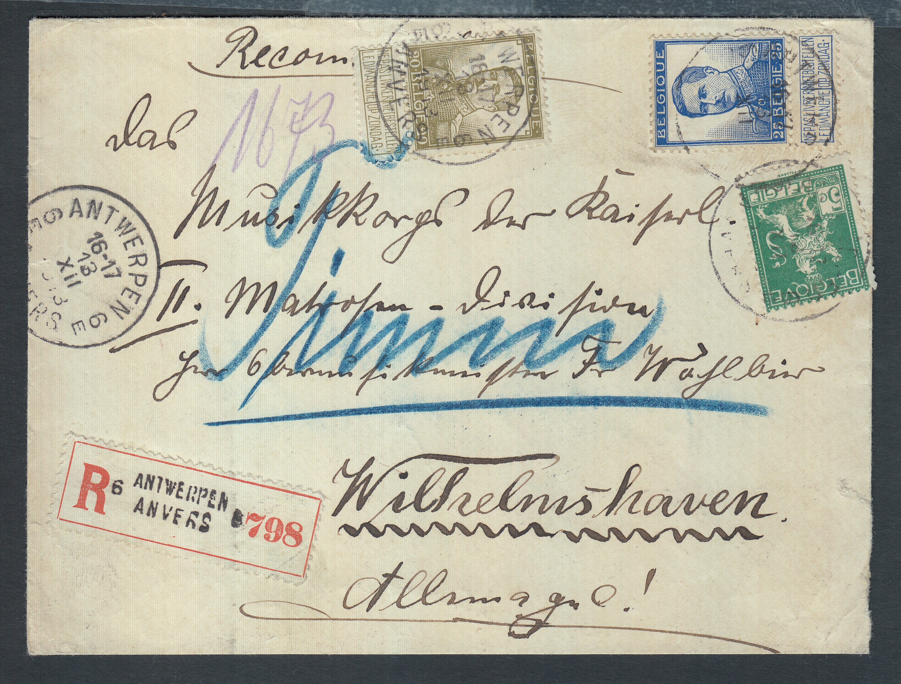 110 +112 +125 sur lettre en recommandé d'Antwerpen le 13.XII.1913 vers l'Allemagne. Càd au verso.
