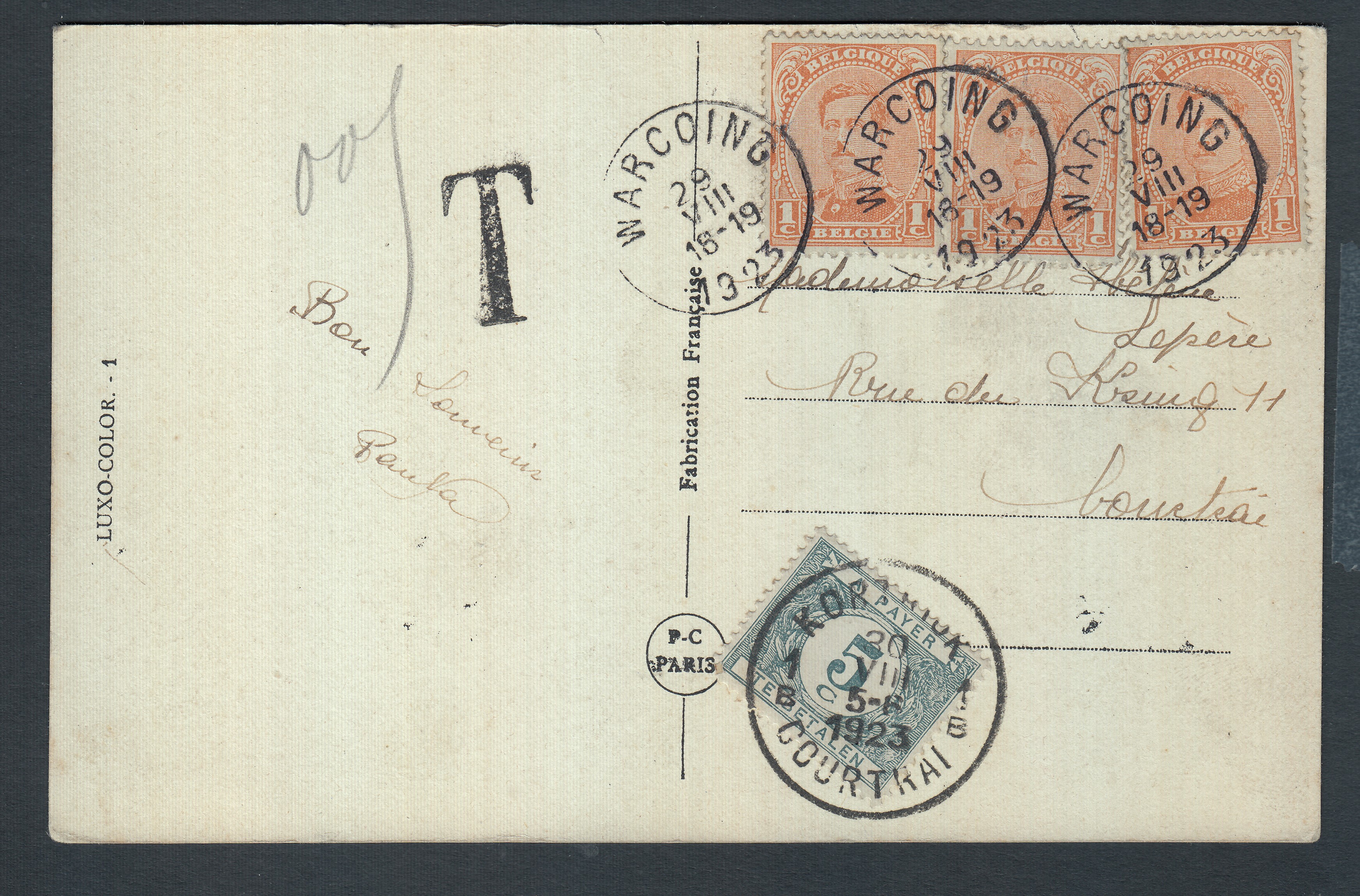 135x3 sur Cp de Warcoing le 29.VIII.1923 vers Courtrai. Taxée 5c à l'arrivée par Tx32.