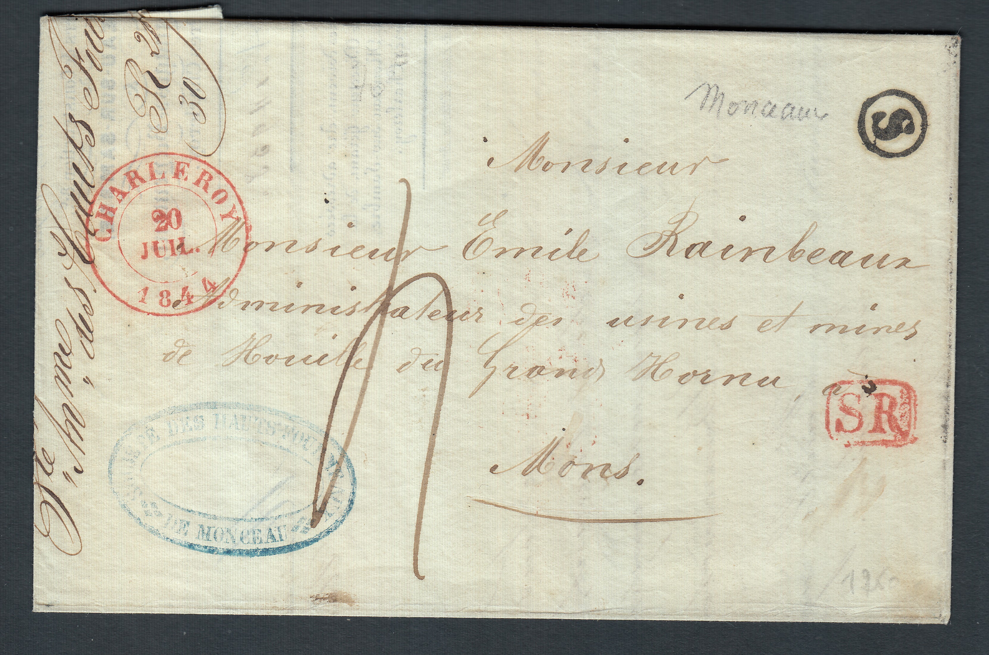 LAC datée de Monceau/Sambre le 19 juillet 1844 de la boîte rurale « S » via Charleroi ( Griffe encadrée « SR ») vers Mons. Càd au verso.