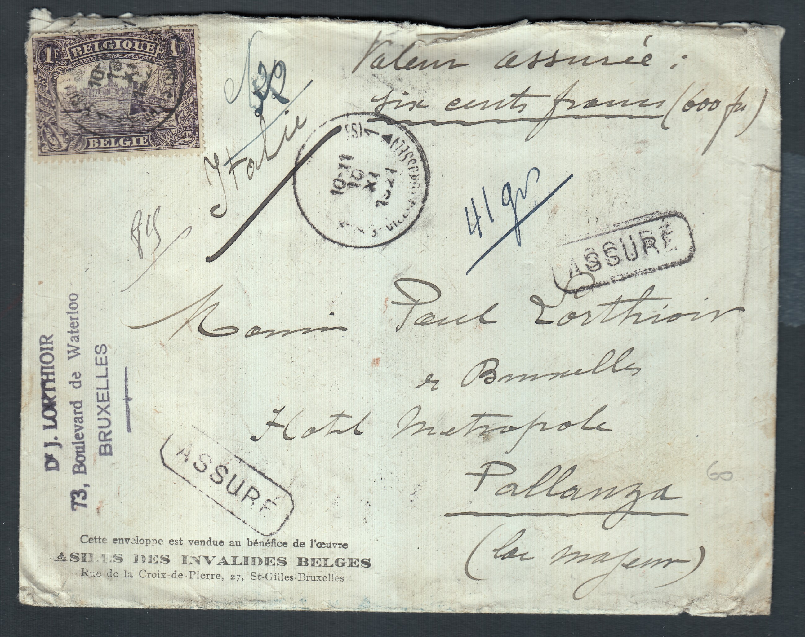 145 + au verso 143x2 sur lettre en valeur assurée ( 600Frs) de St-Gilles (BXL) le 10.XI.1921 vers Pallanza, Italie. Càd au verso.